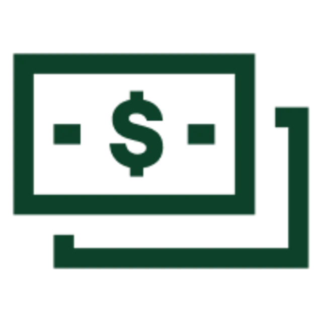 Dark green icon of two overlapping rectangular bills with a dollar sign in the center.