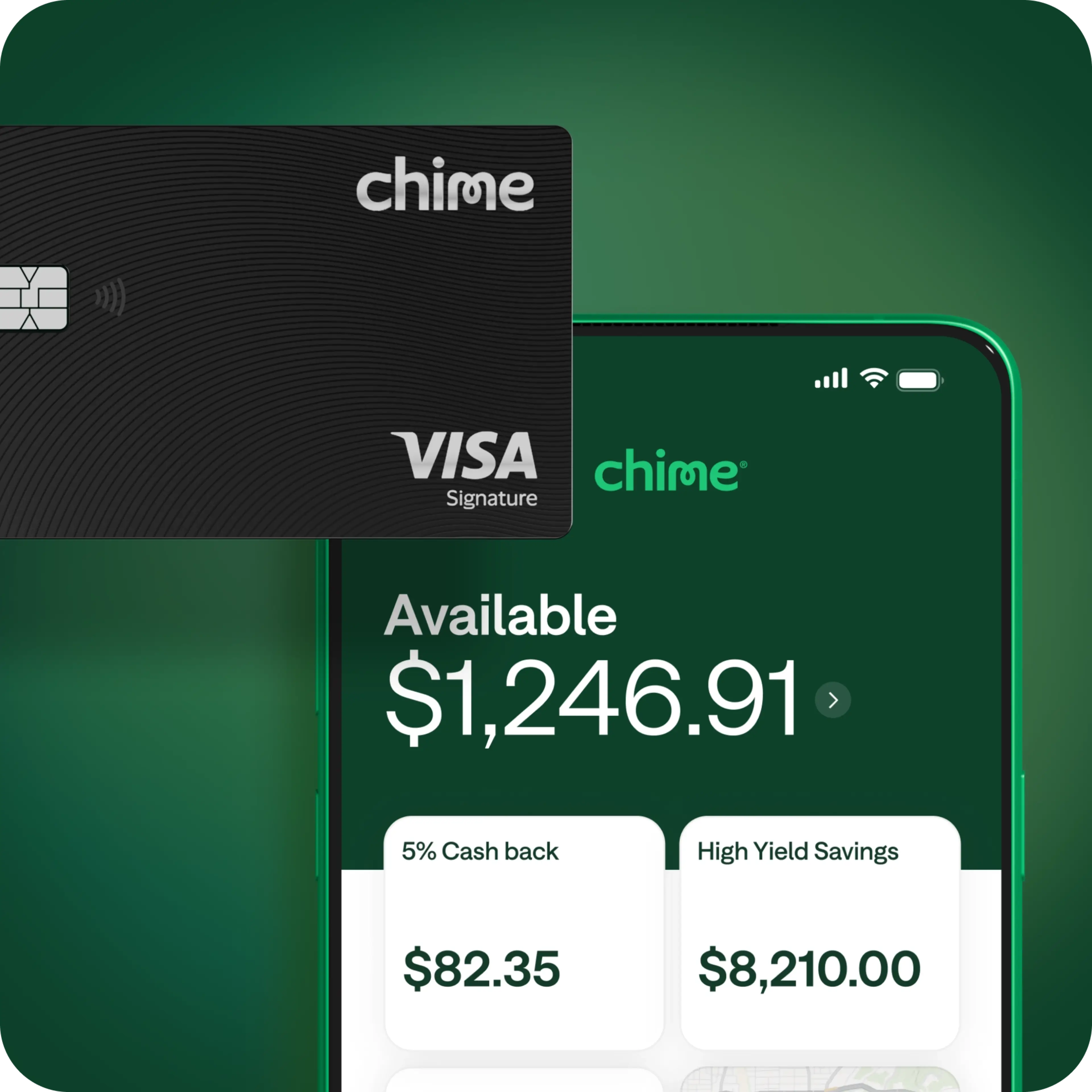 Black Chime Visa card next to smartphone showing banking mobile app with $1,246.91 balance, 5% Cash back and High Yield Savings.