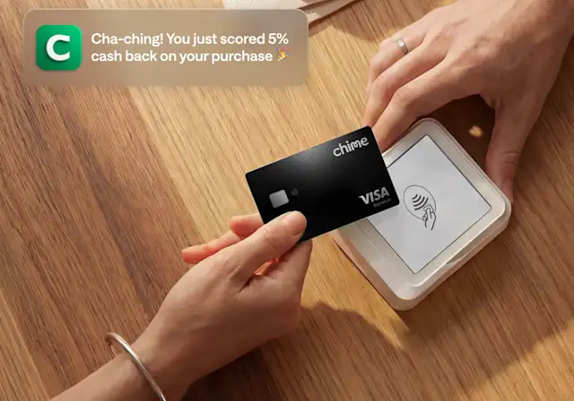 A hand taps a black Chime Visa card on a payment reader, with a notification showing 5% cash back earned.