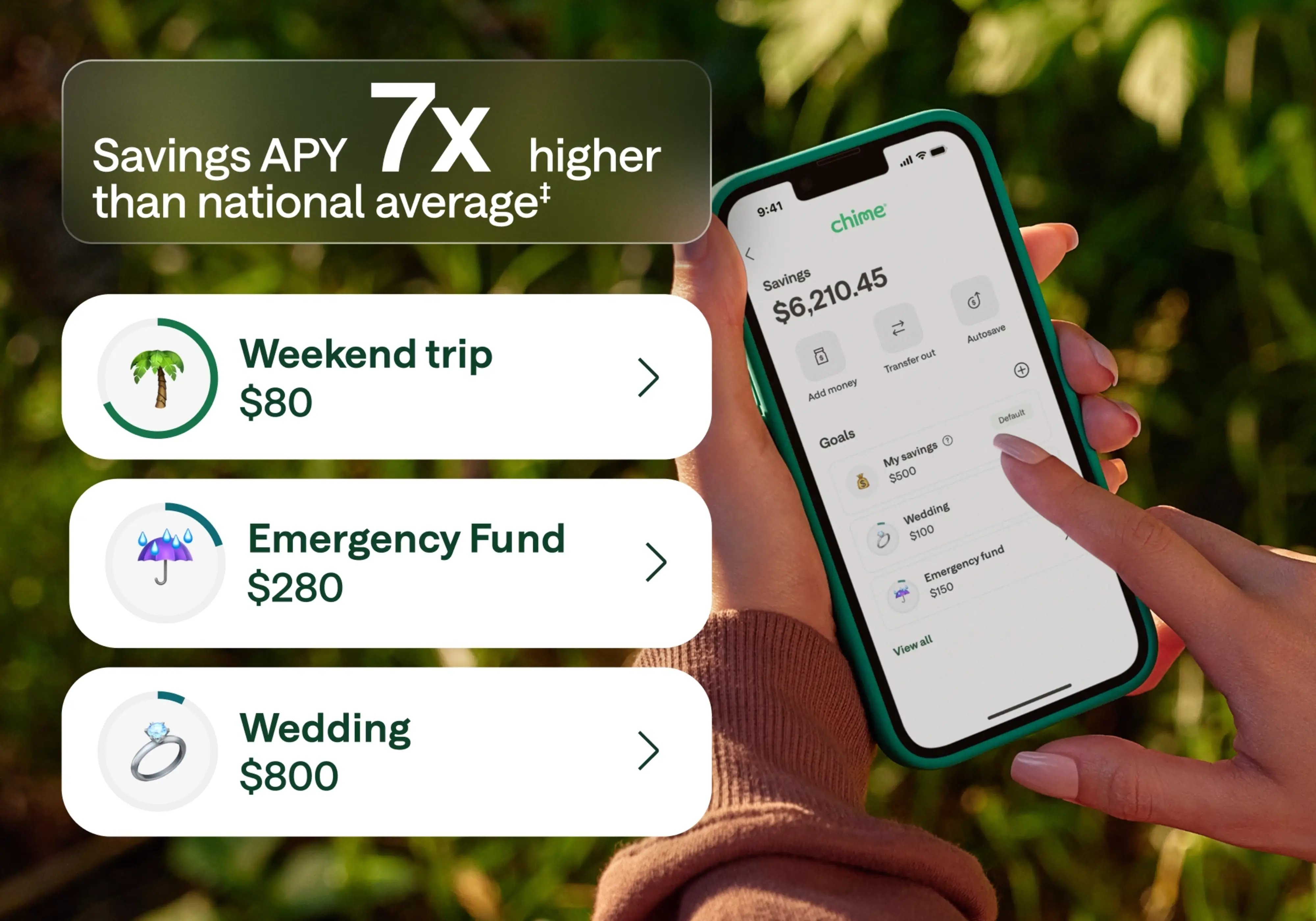 Close-up of a person holding a smartphone outdoors, showing the Chime app with a savings balance. The app displays categorized savings goals labeled “Weekend trip – $80,” “Emergency Fund – $280,” and “Wedding – $800.” A highlighted message at the top states, “Savings APY 7x higher than national average.”
