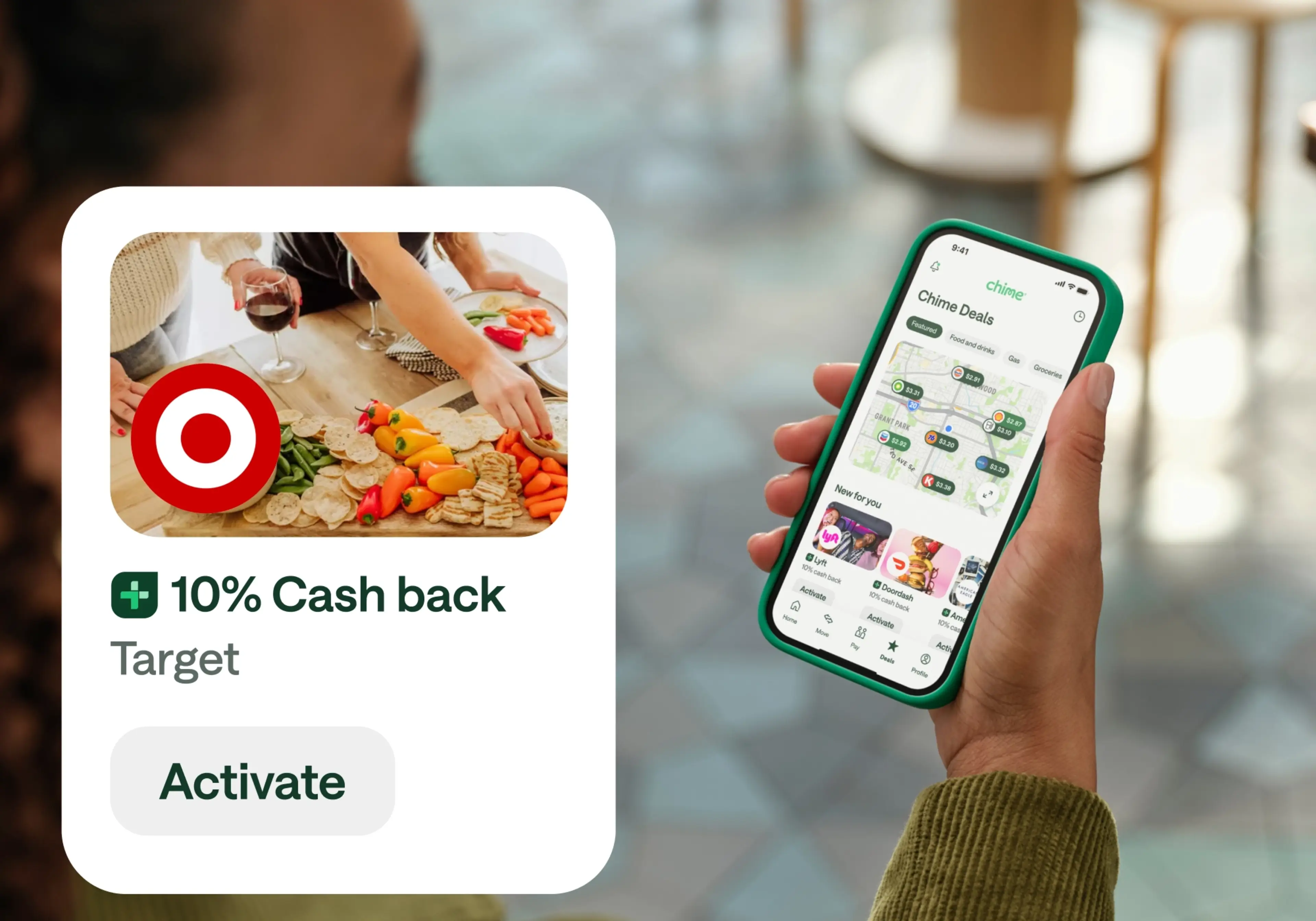 Person holding a smartphone displaying the Chime app’s “Deals” screen, which shows local offers and cashback options. An overlay highlights a Target cashback deal offering 10% cash back on purchases.