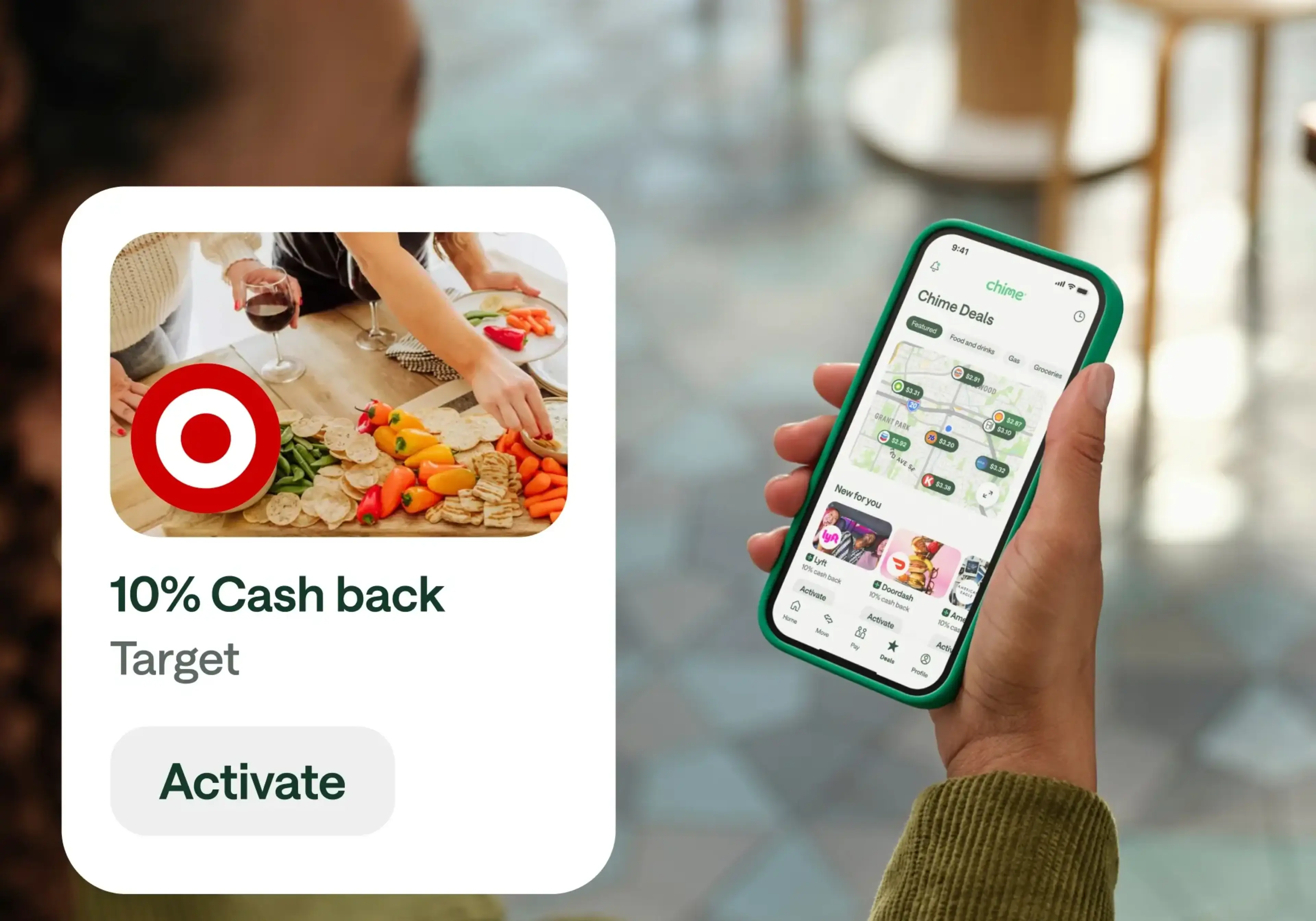 Person holding a smartphone displaying the Chime app’s “Deals” screen, which shows local offers and cashback options. An overlay highlights a Target cashback deal offering 10% cash back on purchases.