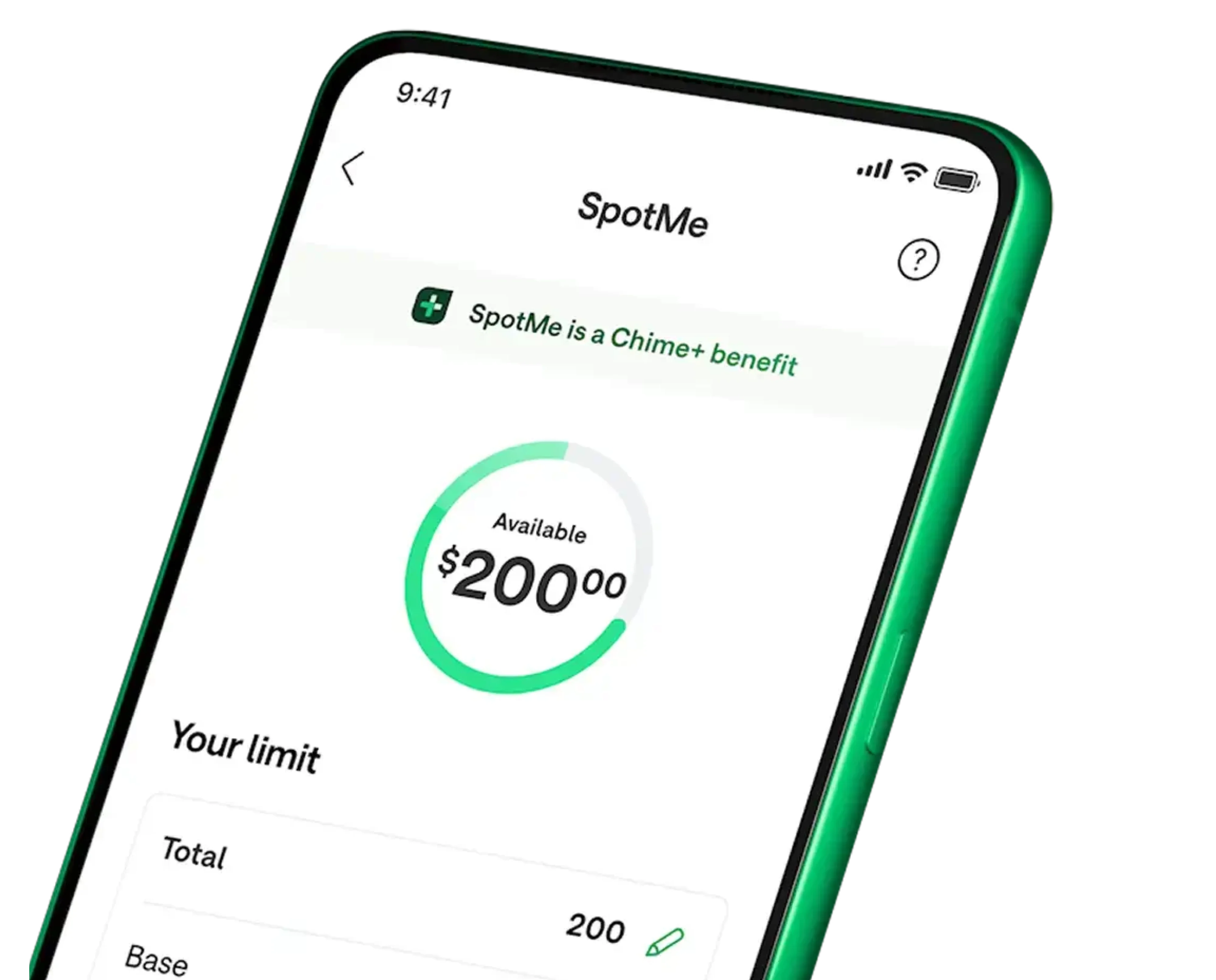 SpotMe mobile phone screen spot me is a chime+ benefit