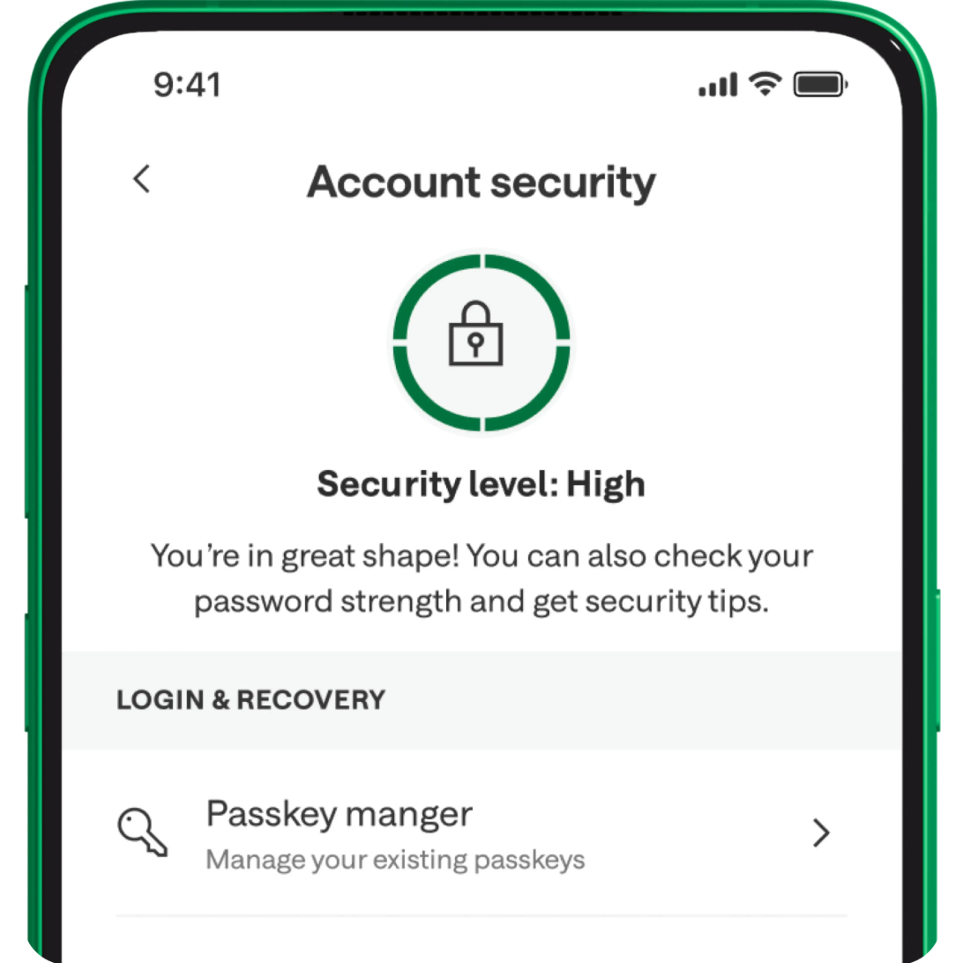 Screenshot of Chime app showing account security level.