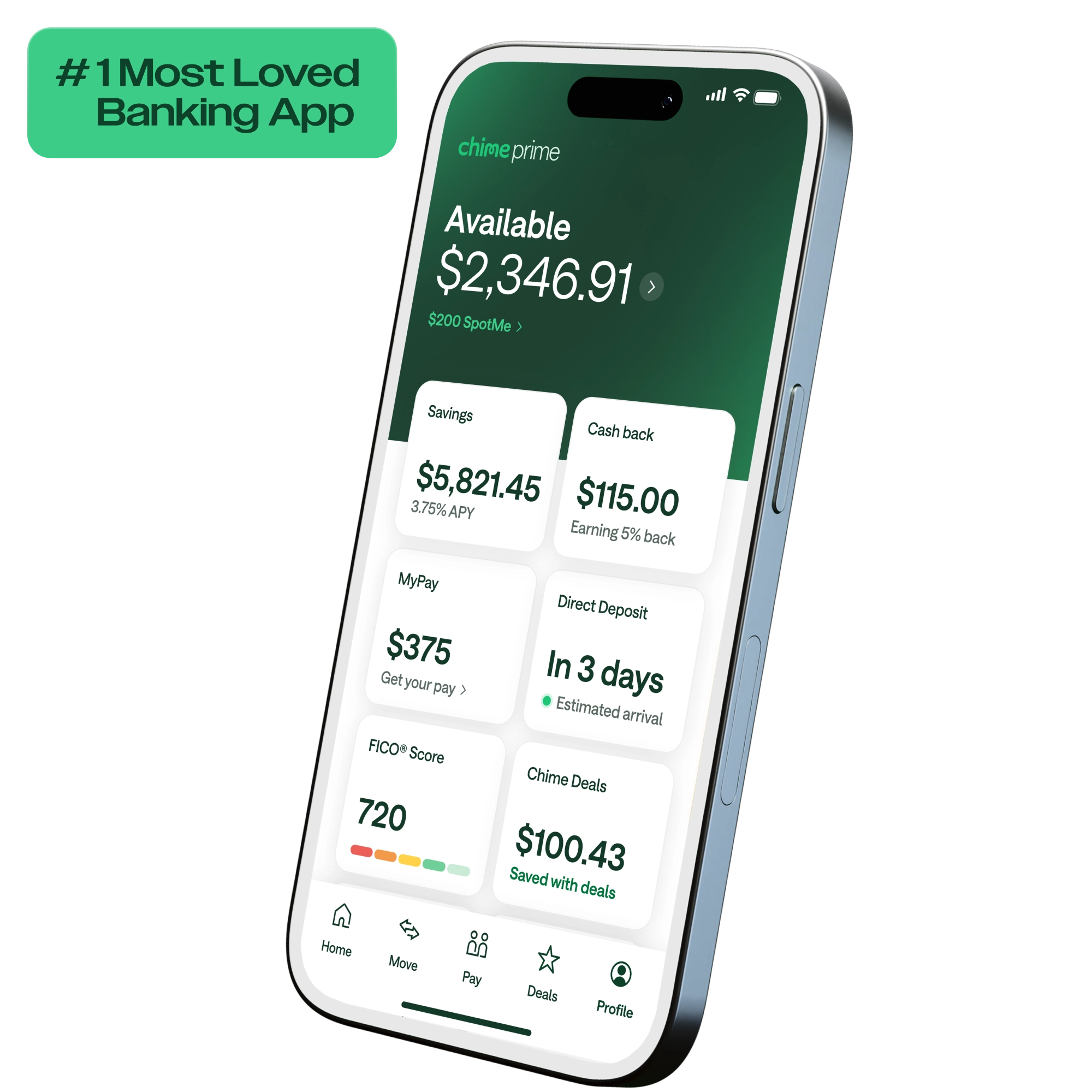 Smartphone displaying Chime Prime banking app dashboard showing account balance, savings, cash back, and FICO score features.