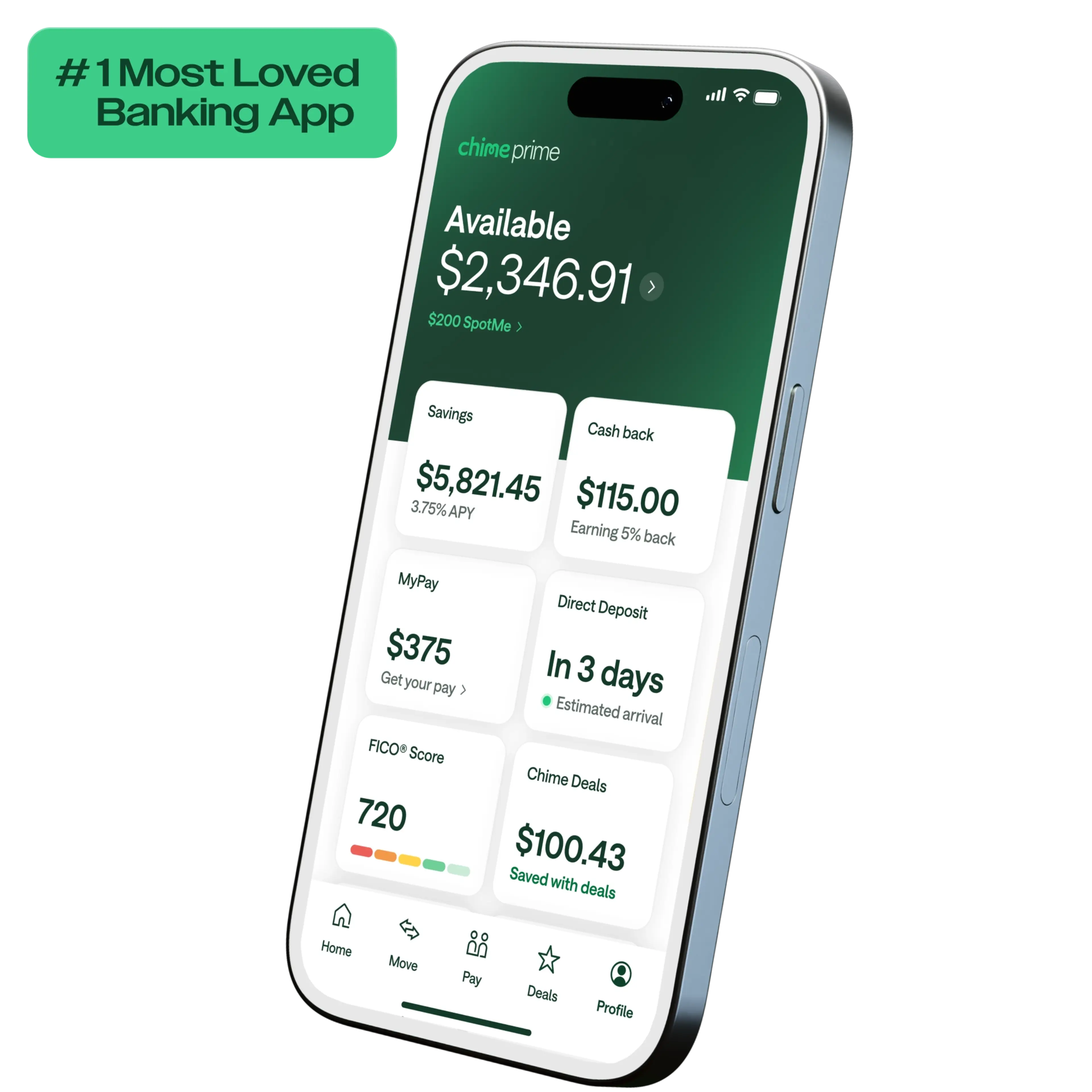 Smartphone displaying Chime Prime banking app dashboard showing account balance, savings, cash back, and FICO score features.