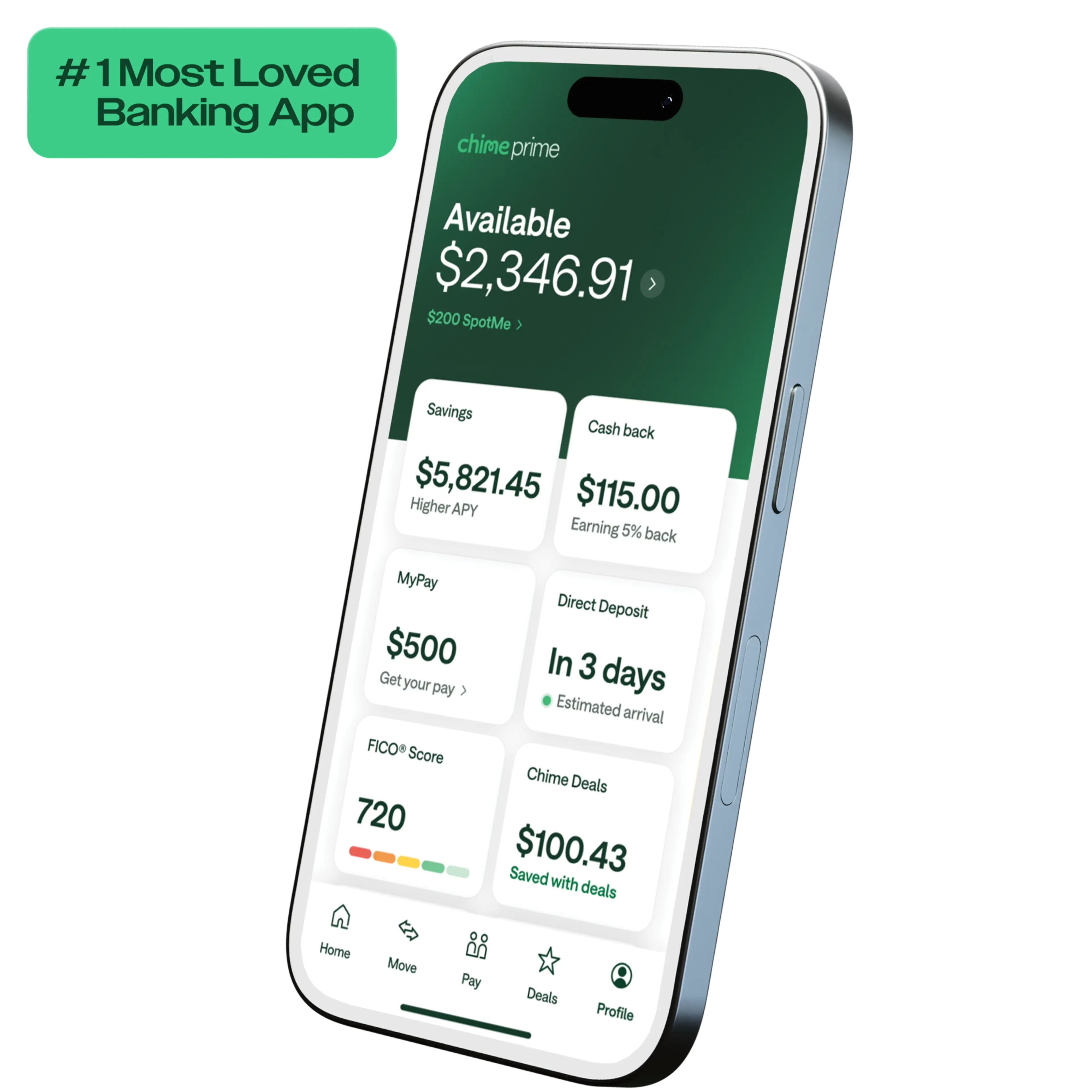 Smartphone displaying Chime Prime banking app dashboard showing account balance, savings, cash back, and FICO score features.