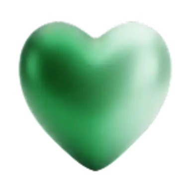 A shiny, smooth green heart-shaped object with a metallic finish, set against a white background.