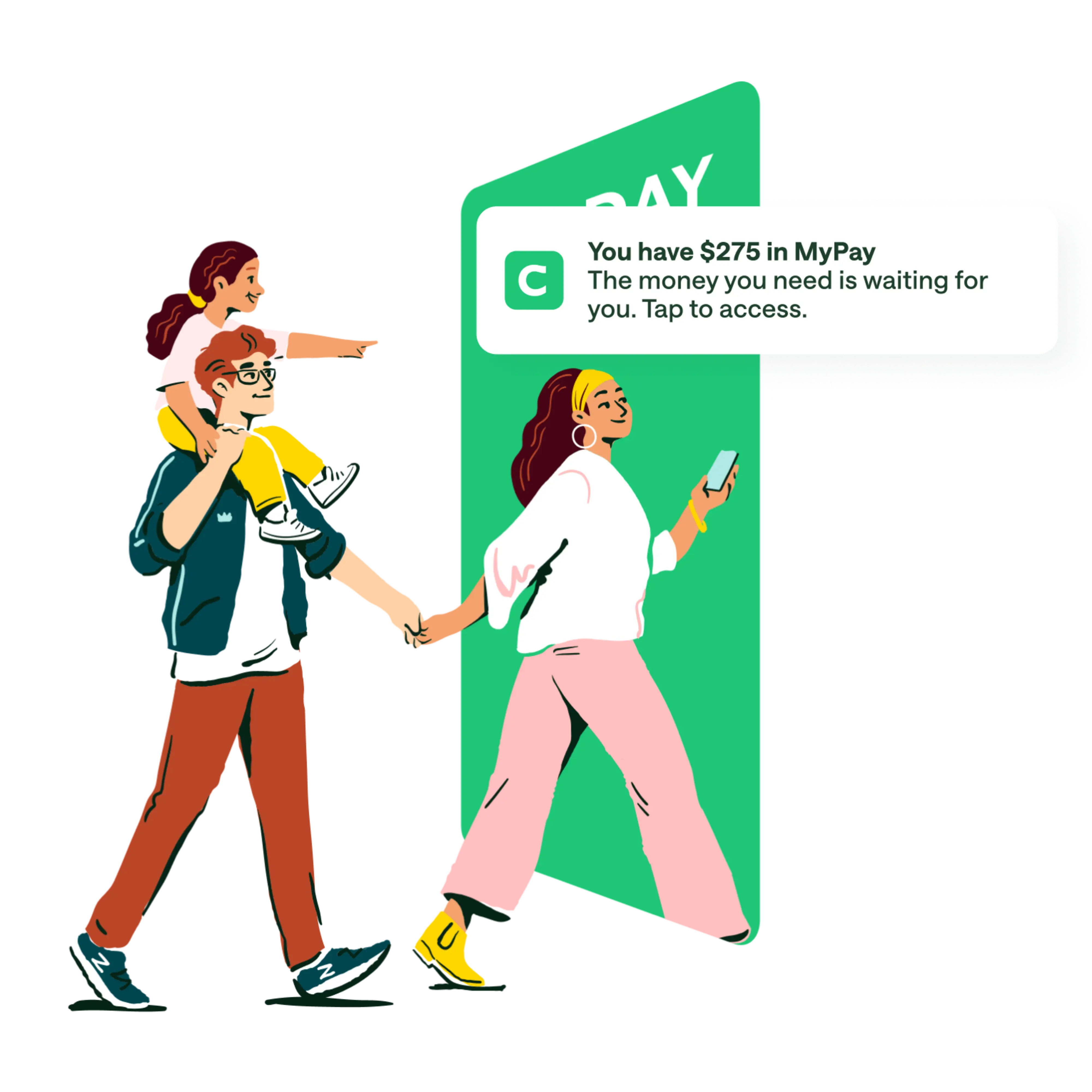 mypay get paid when you say media copy image, cartoon women holding phone and walking into green MyPay door with one hand holding man . Man has little girl on his shoulder pointing. Notification overlay / push notification on top, You have $275 in MyPay, The Money you need is waiting for you. Tap to access.
