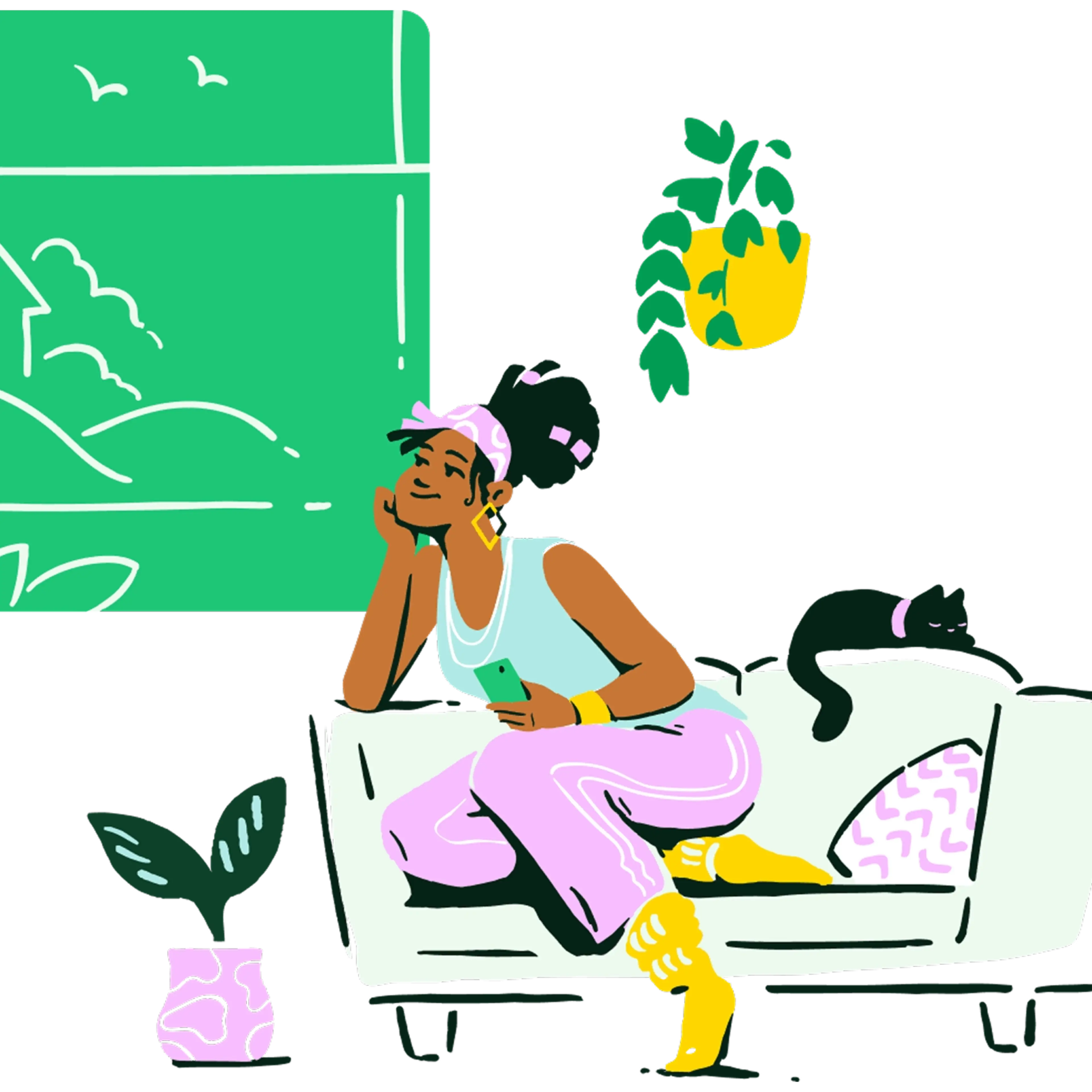 Illustration of a woman sitting on a couch surrounded by plants and a cat, looking out the window.