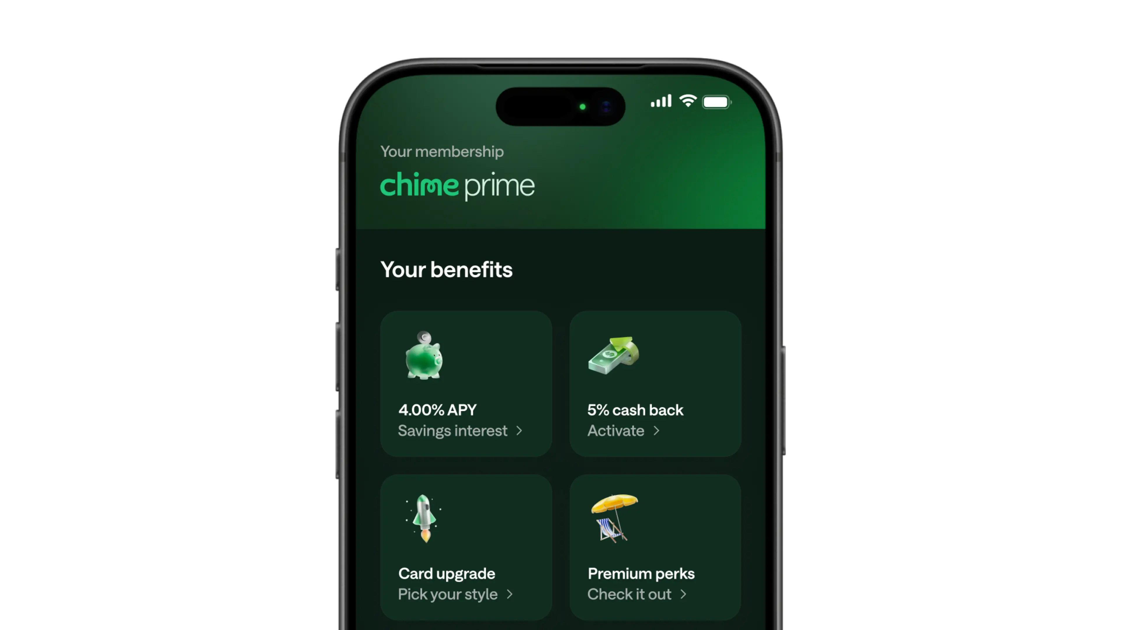 Smartphone displaying Chime Prime membership benefits: 4.00% APY savings, 5% cash back, card upgrade, and premium perks.