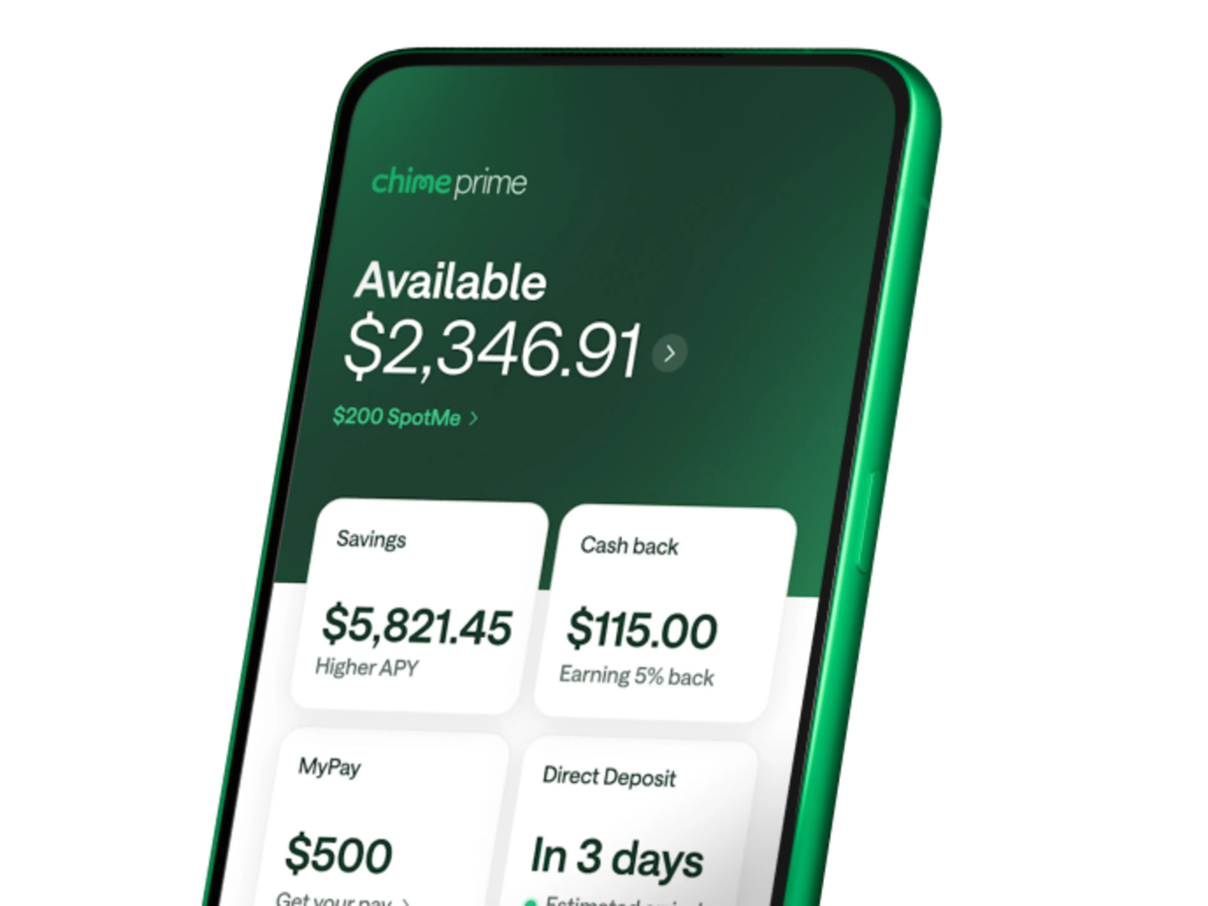 A green smartphone displays the Chime Prime app showing an available balance of $1,246.91, savings, and cash back details.