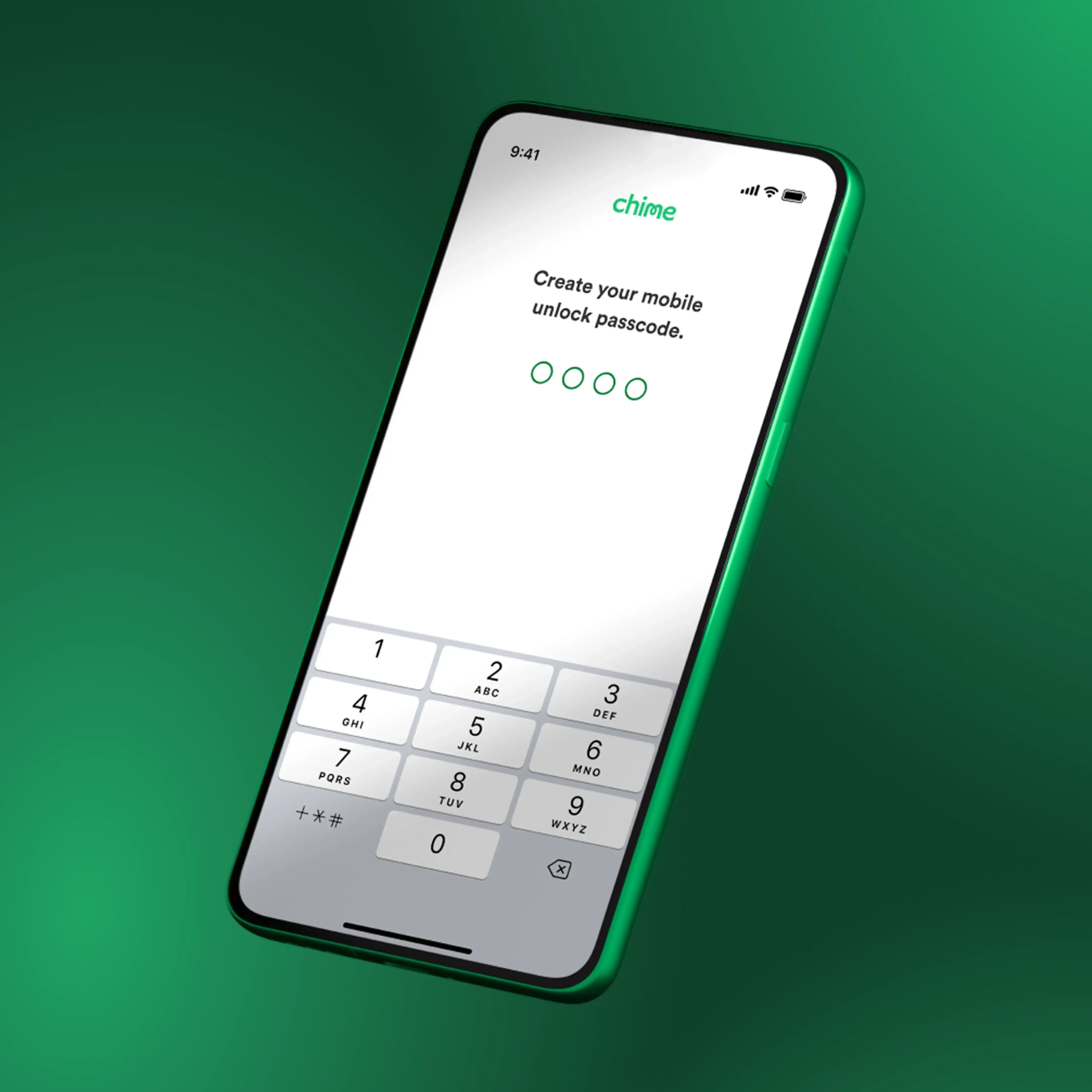 Smartphone displaying Chime banking app passcode creation screen with numeric keypad on bright green background.