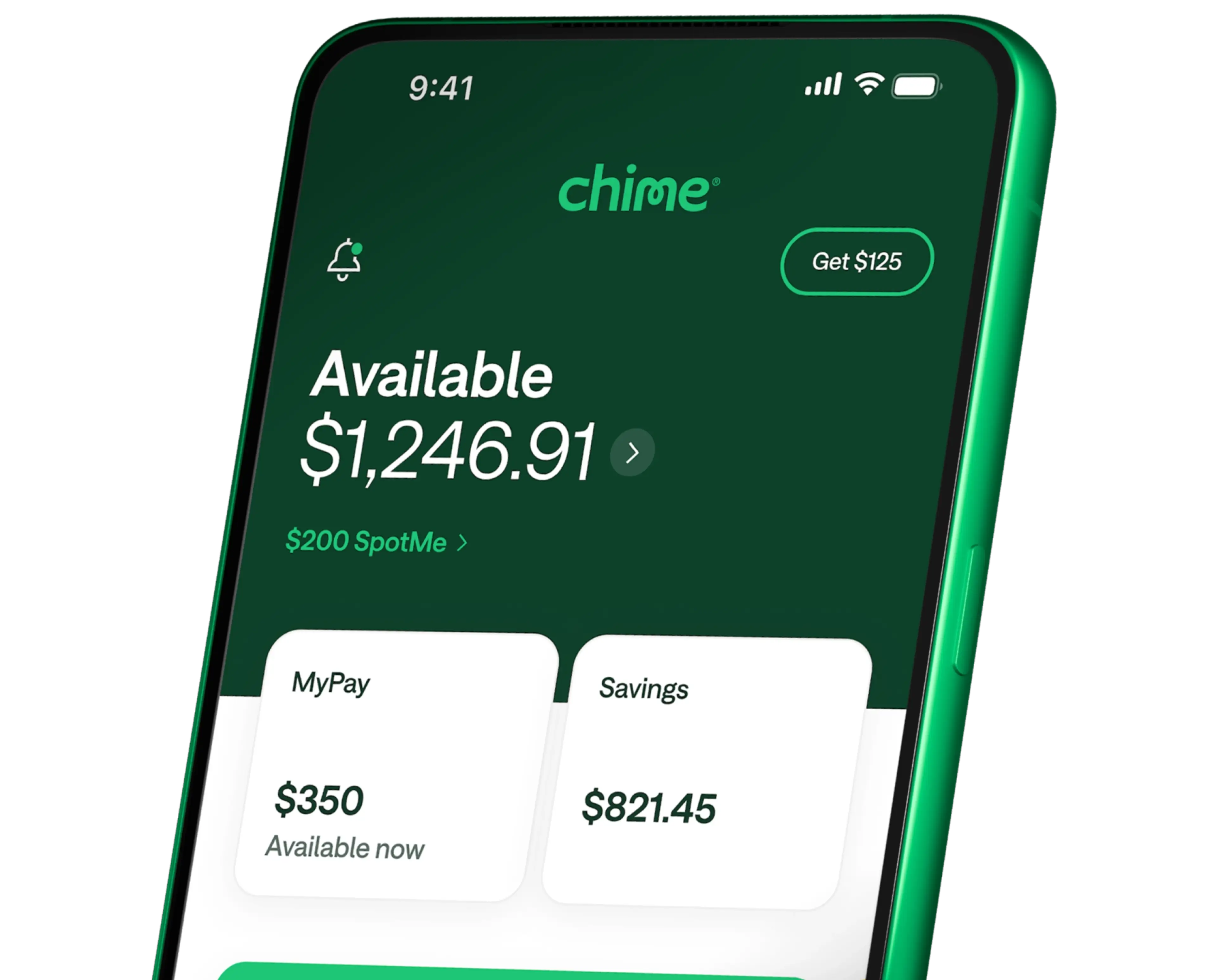 Chime available balance screen with SpotMe, MyPay, and Savings