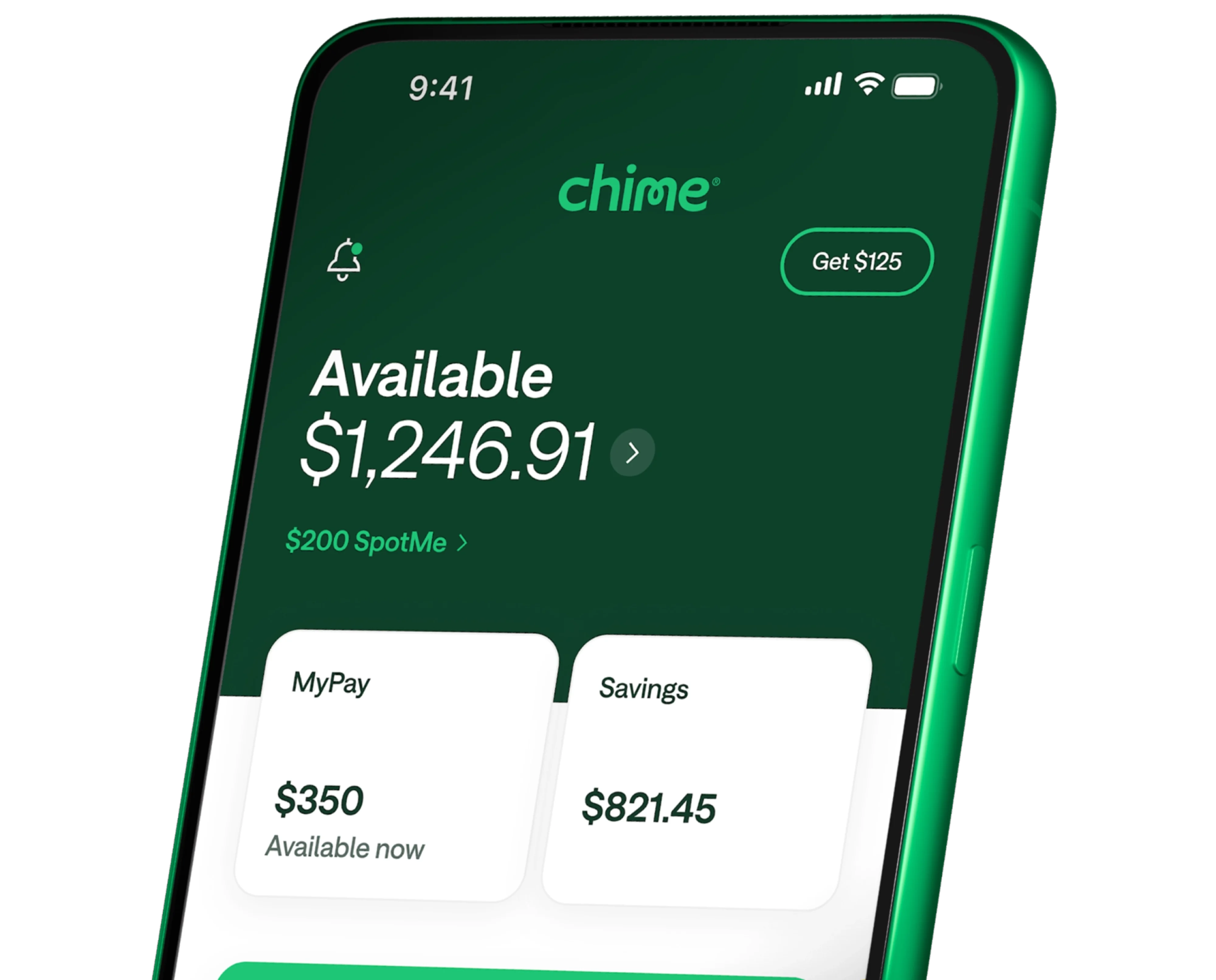 Chime available balance screen with SpotMe, MyPay, and Savings
