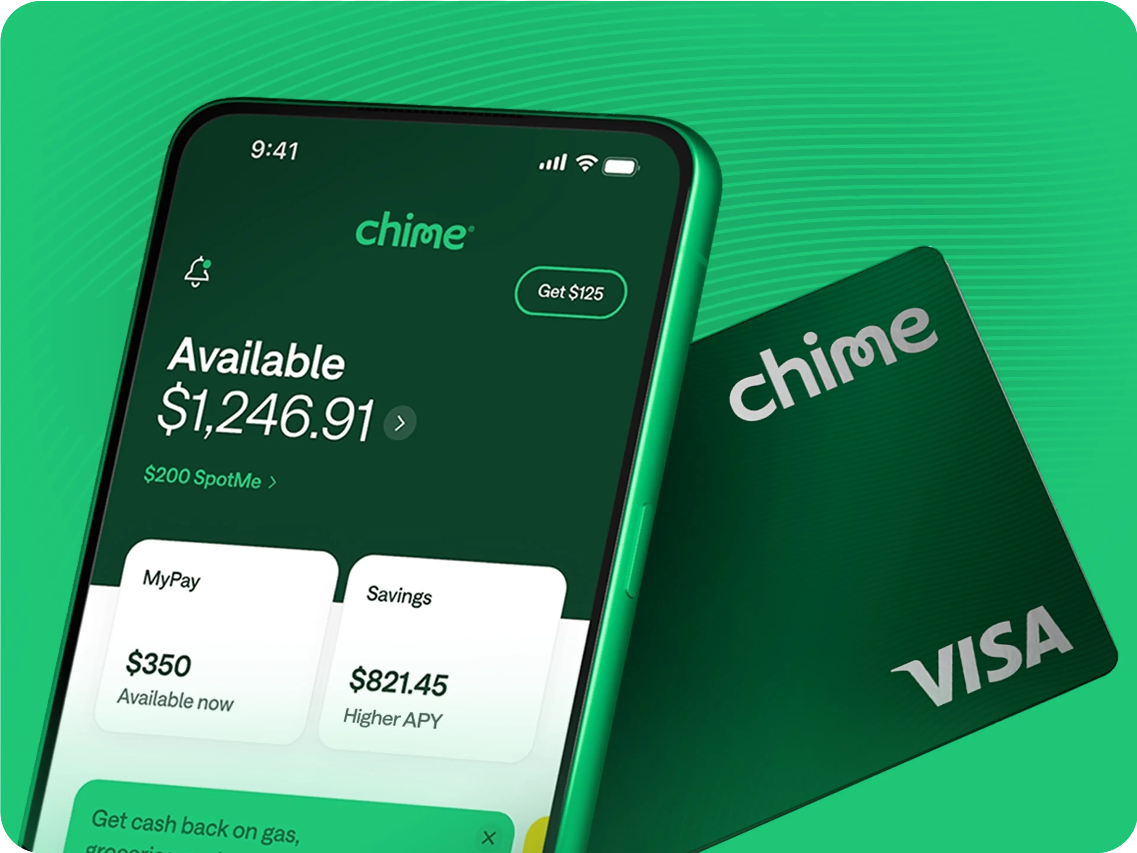 Chime app and black Visa Chime Card promotional image showing $1,246.91 balance, $350 MyPay availability, savings with 3.75% APY, and cashback offers for gas and groceries.