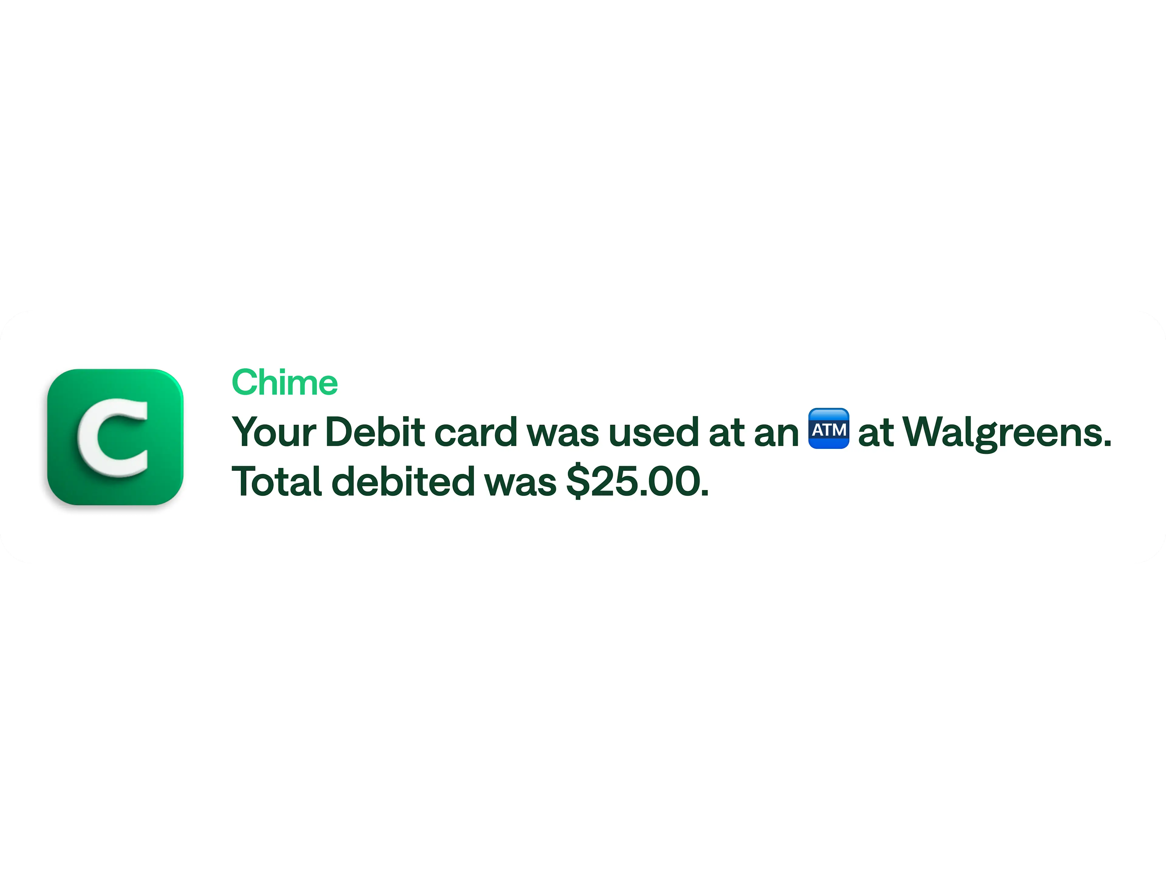 A Chime notification stating that a debit card was used at an ATM.