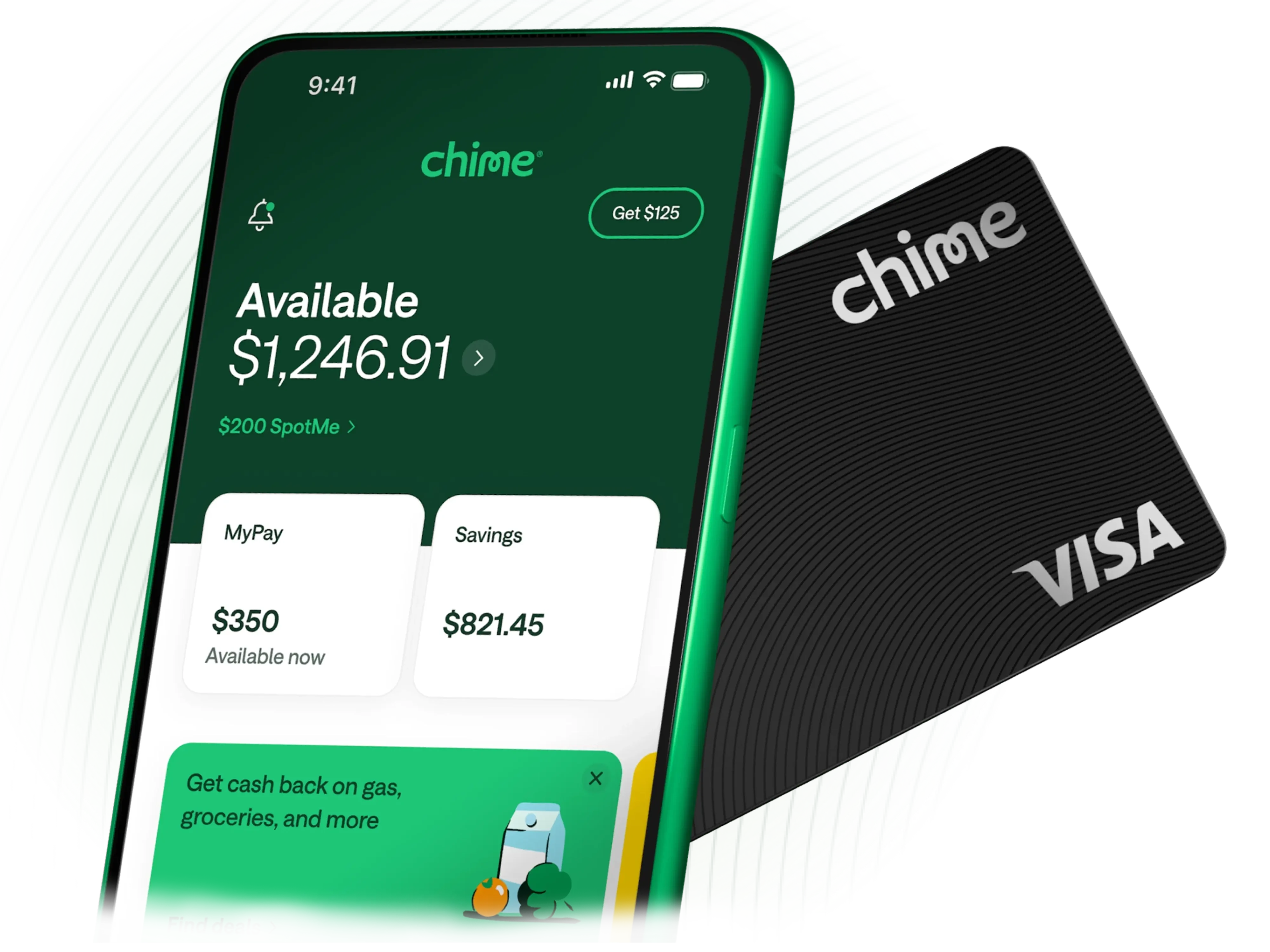 Chime app and black Visa Chime Card promotional image showing $1,246.91 balance, $350 MyPay availability, and cashback offers for gas and groceries.