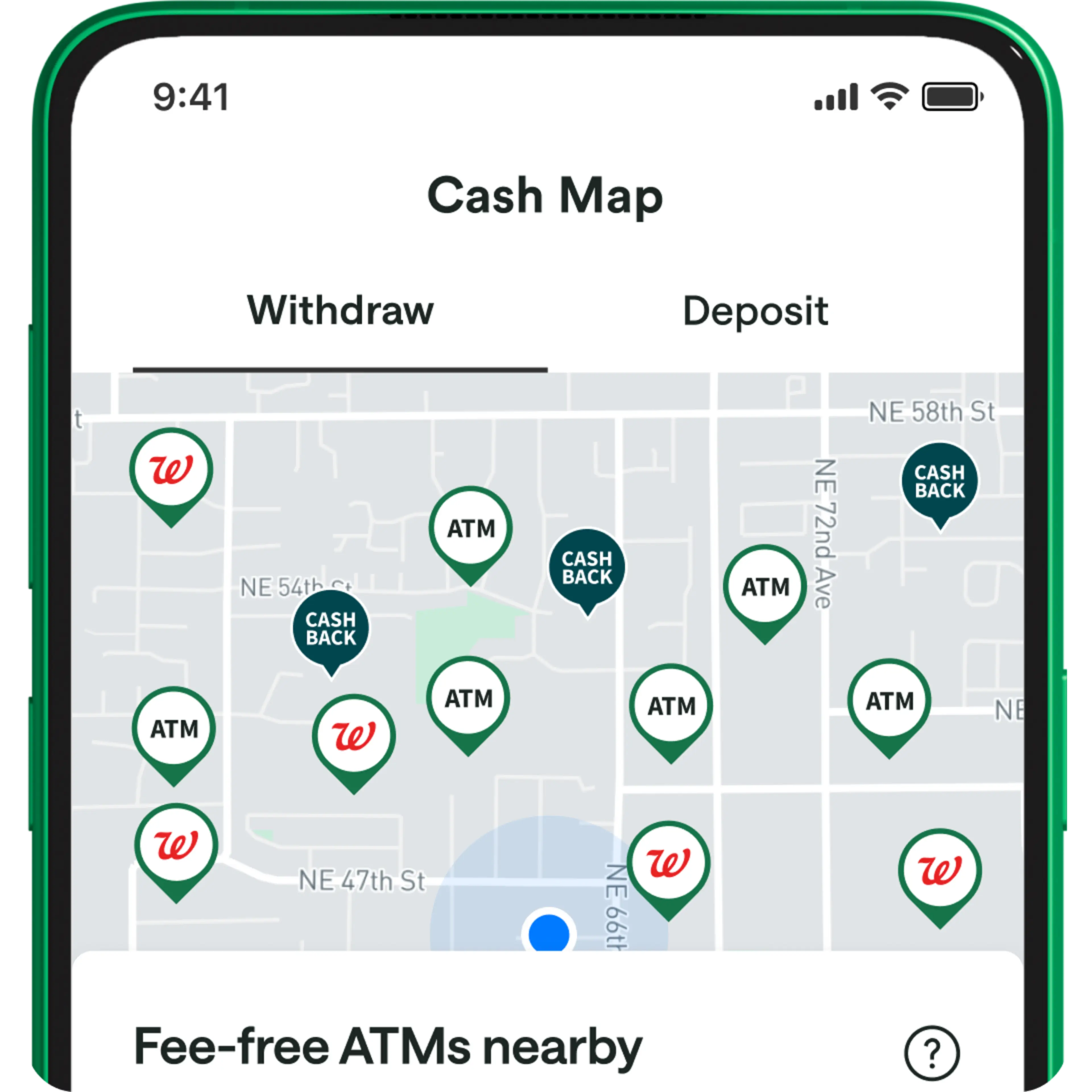 A map of fee-free ATM locations.