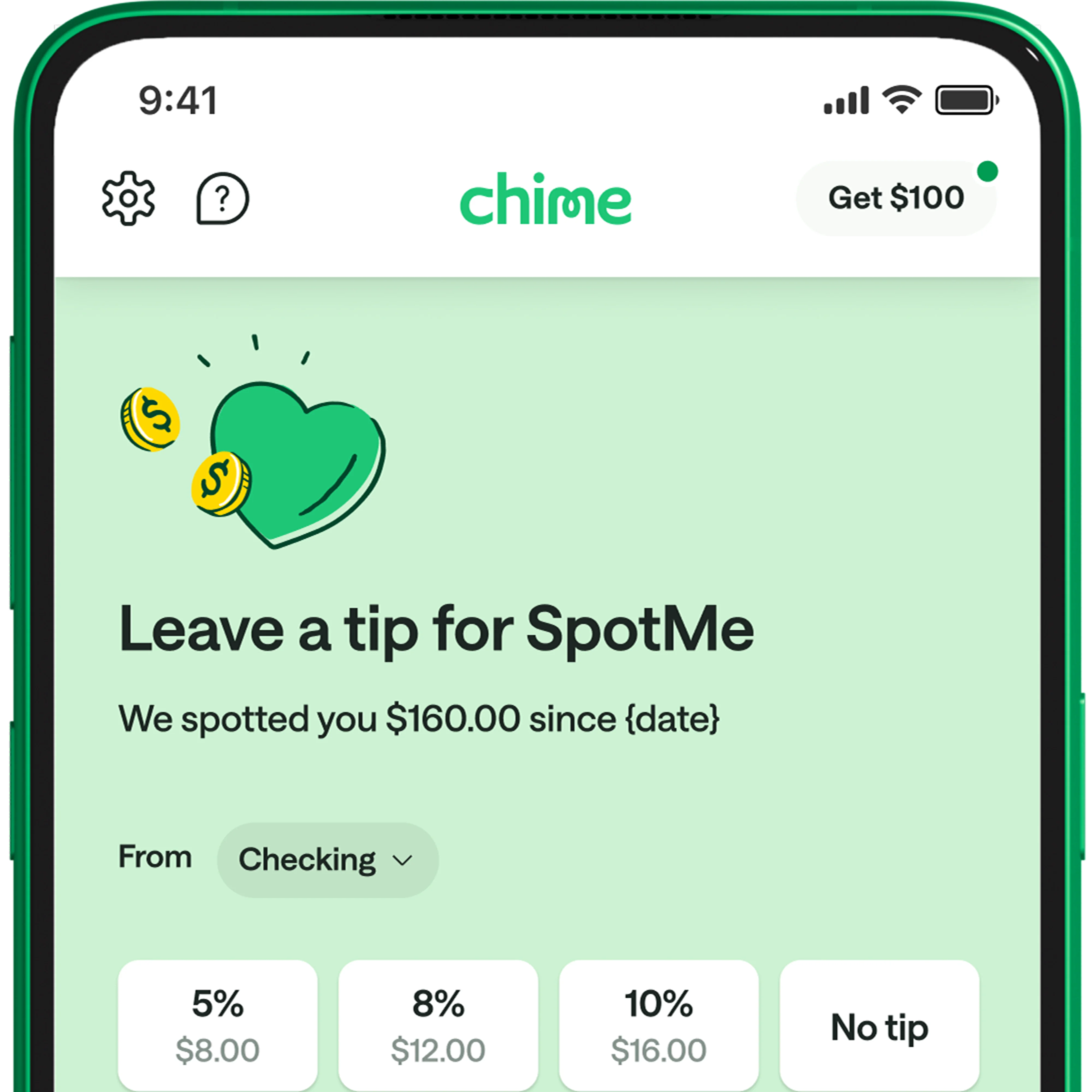 A screen that says "Leave a tip for SpotMe"