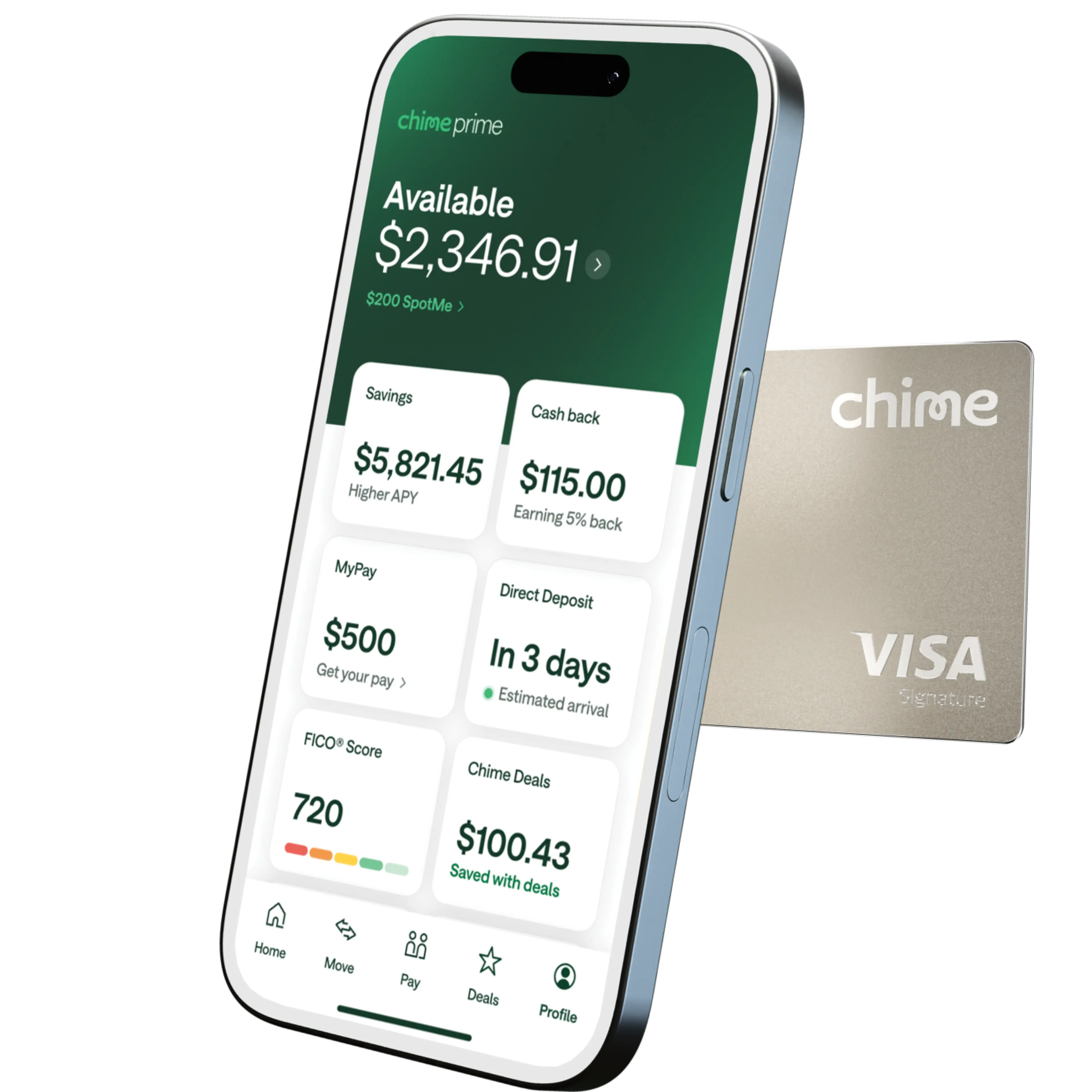 Chime app on smartphone showing account balance and savings, beside a gold Chime Visa card, with 5% text highlighted.
