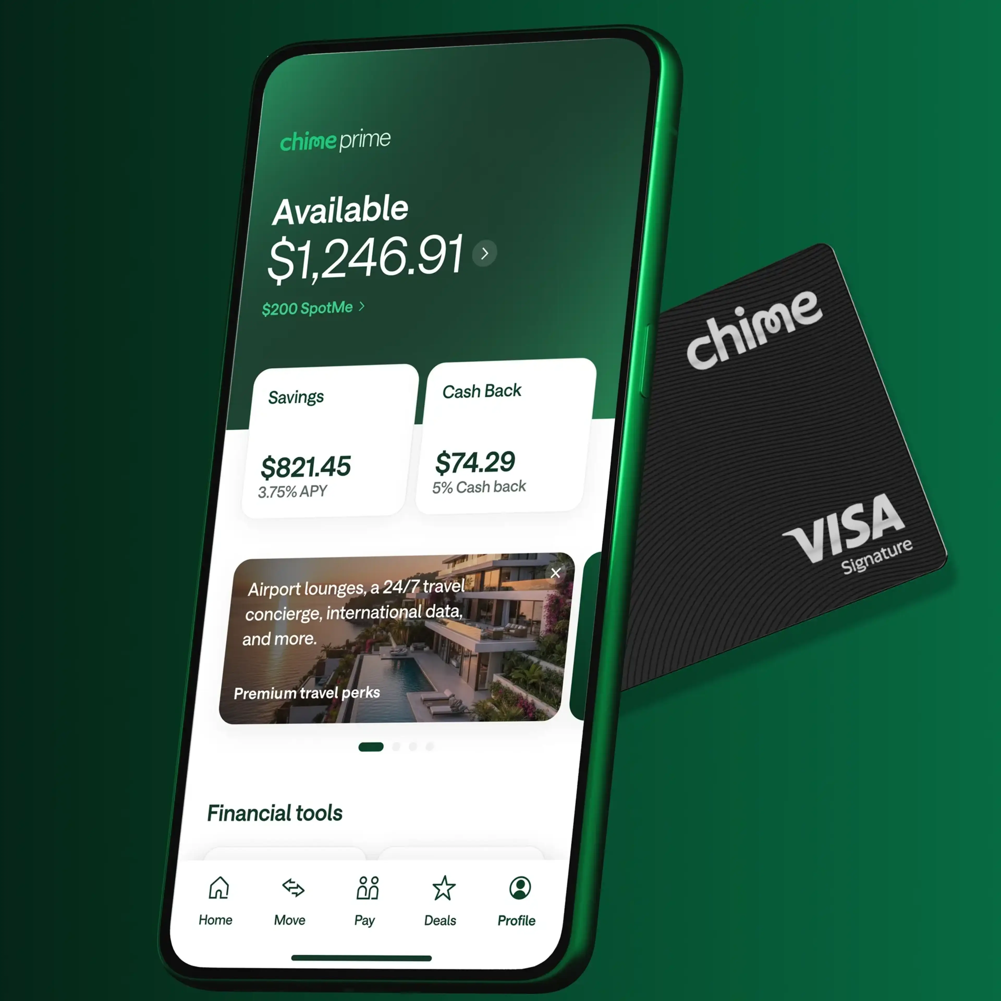 Chime mobile app on a cell phone with white Chime Visa Debit Card in front on bright green background.