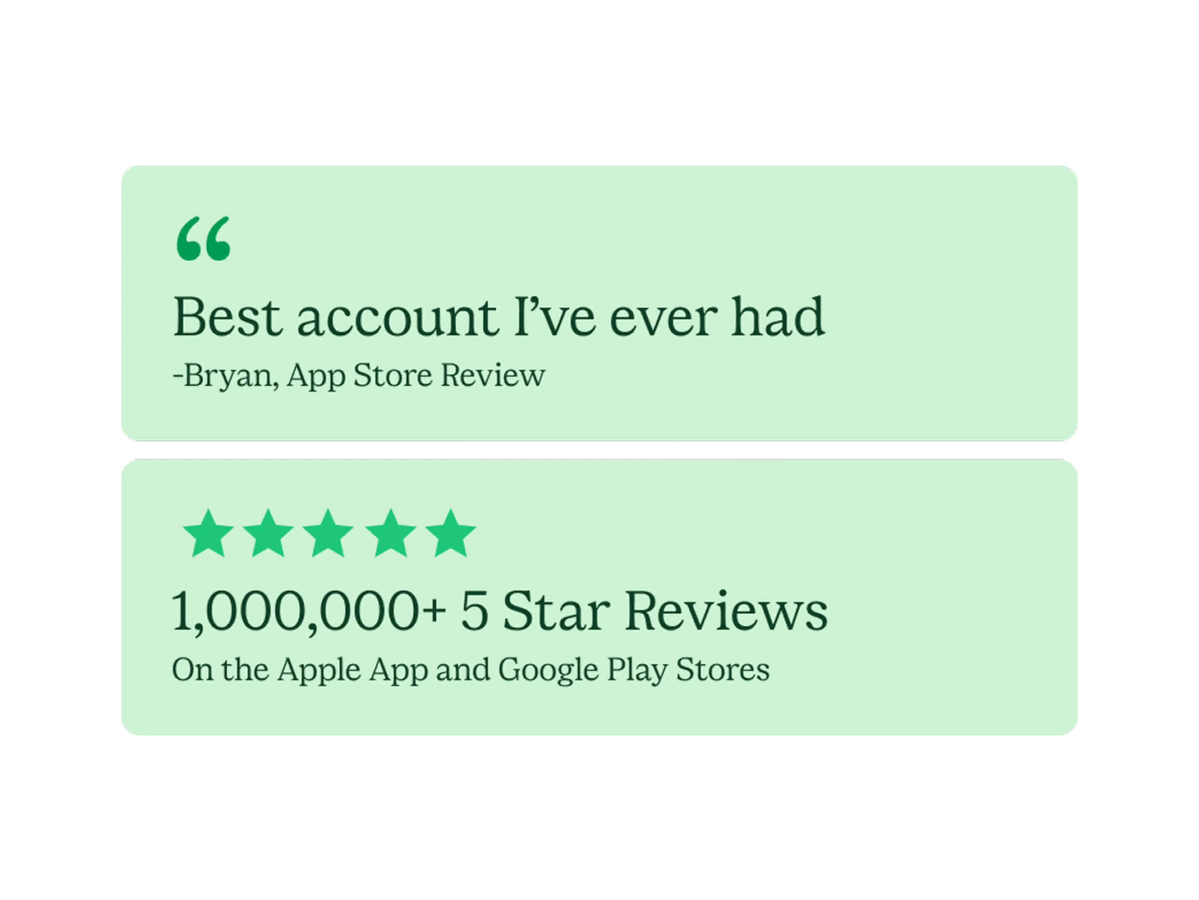homepage get started reviews image. Review 1: Quote " Best account I've ever had -Bryan, App Store Review " . Review 2: 5 star eyebrow, " 1,000,000+ 5 Star Reviews On the Apple App and Google Play Stores " both light green boxes