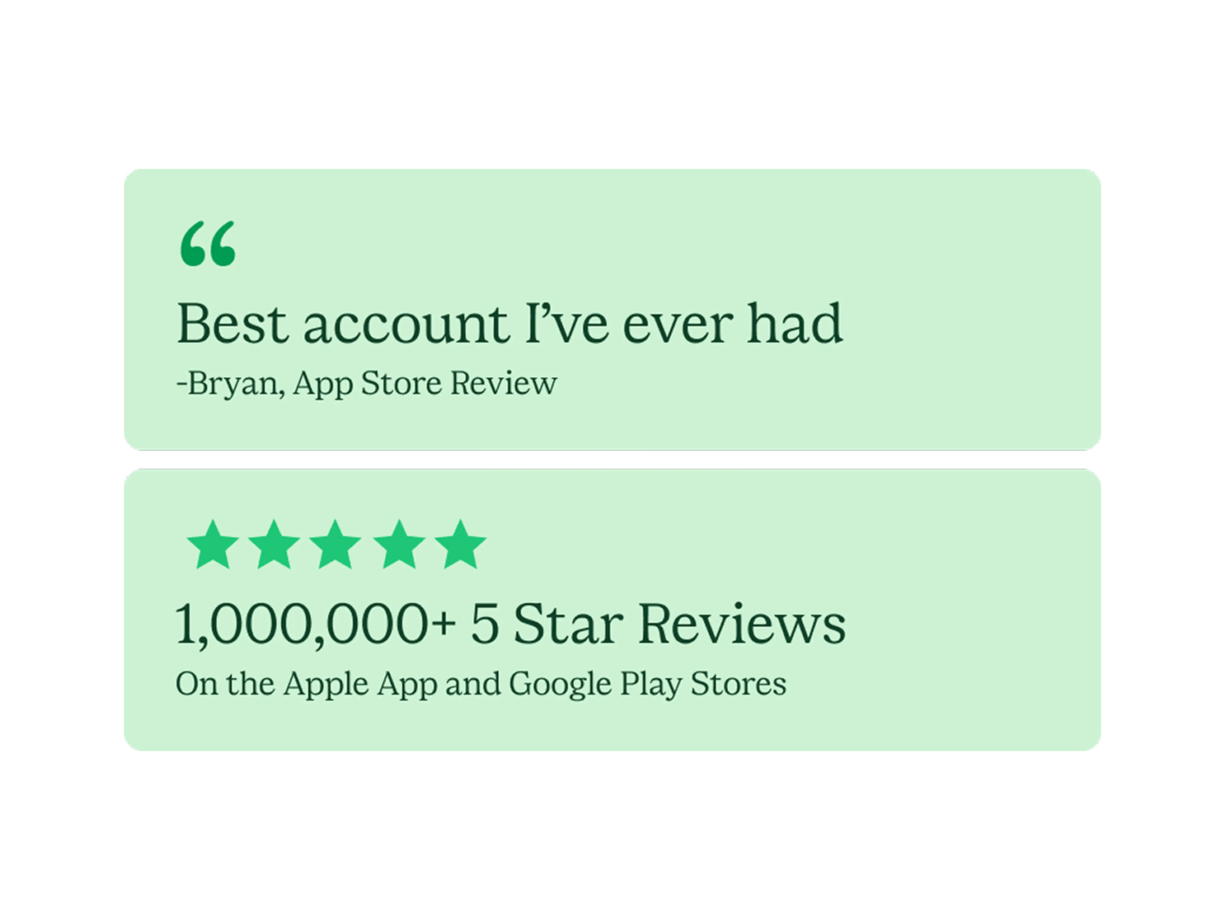 homepage get started reviews image. Review 1: Quote " Best account I've ever had -Bryan, App Store Review " . Review 2: 5 star eyebrow, " 1,000,000+ 5 Star Reviews On the Apple App and Google Play Stores " both light green boxes