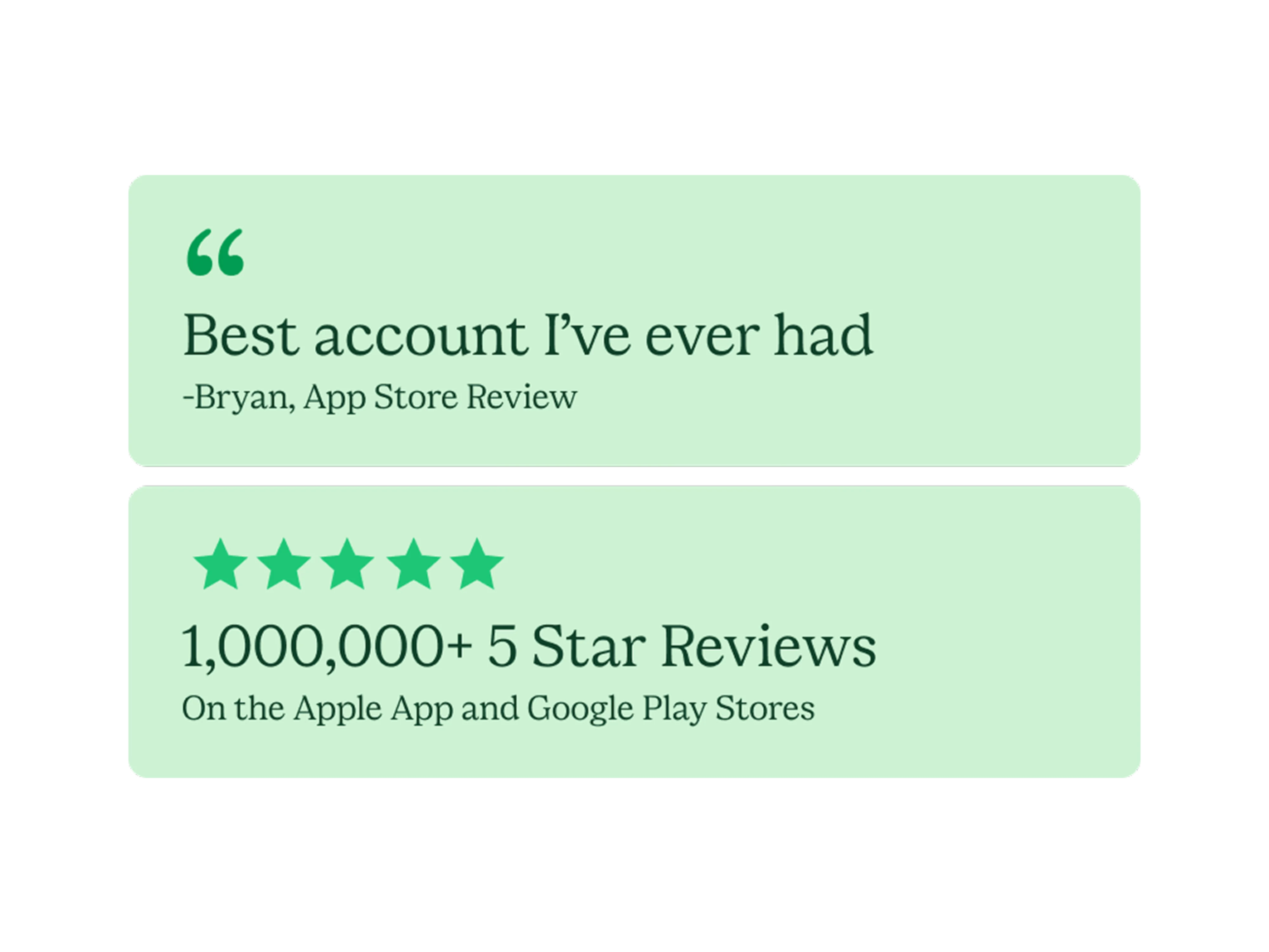 homepage get started reviews image. Review 1: Quote " Best account I've ever had -Bryan, App Store Review " . Review 2: 5 star eyebrow, " 1,000,000+ 5 Star Reviews On the Apple App and Google Play Stores " both light green boxes