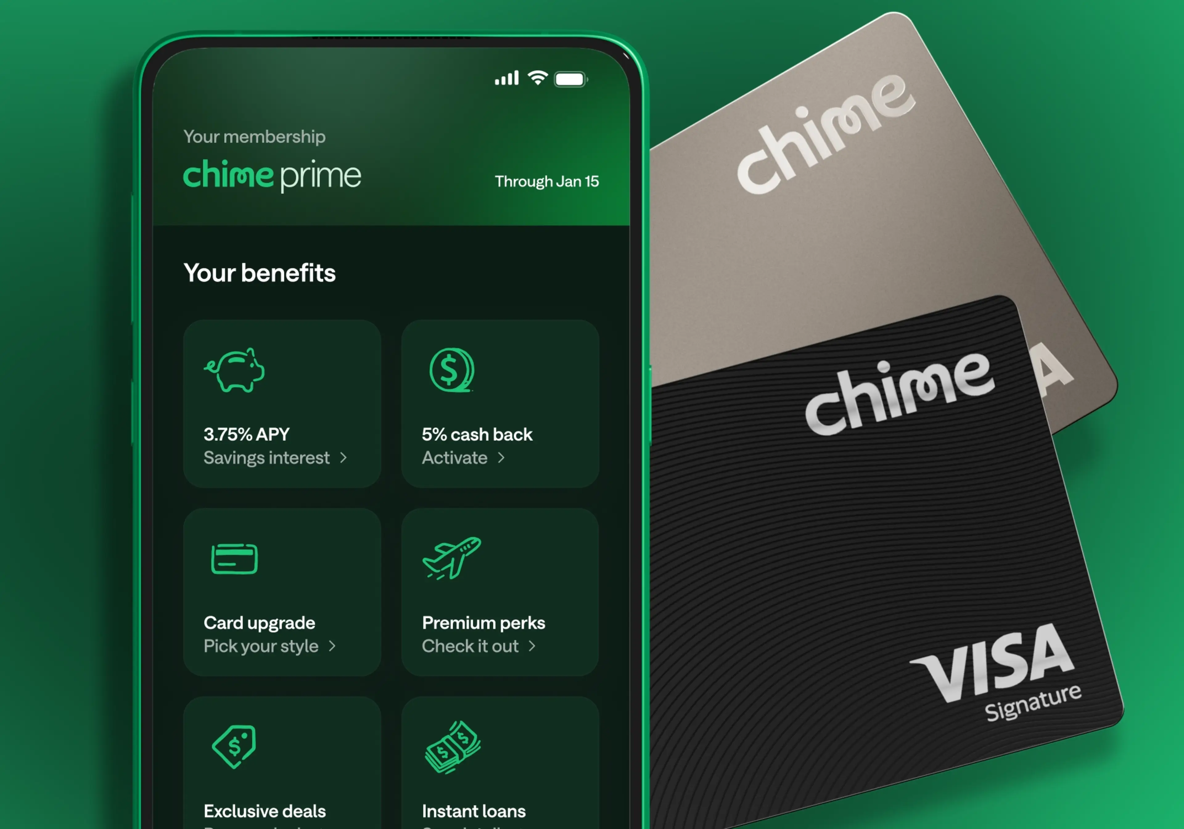 A phone screen showing benefits of Chime Prime, next to two Chime cards.