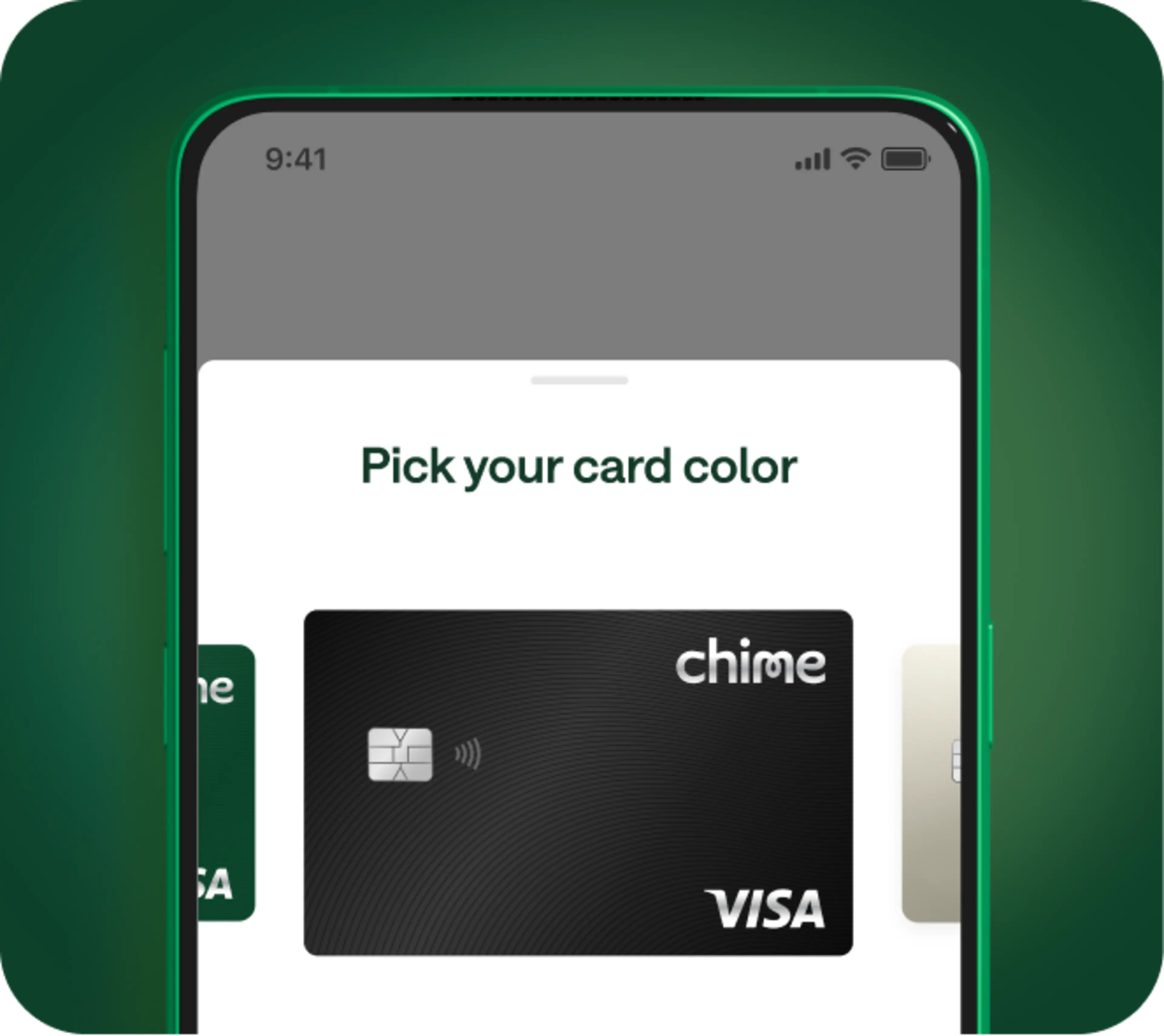 Chime app screen offering users the option to "pick your card color", featuring a black Visa Chime Card.