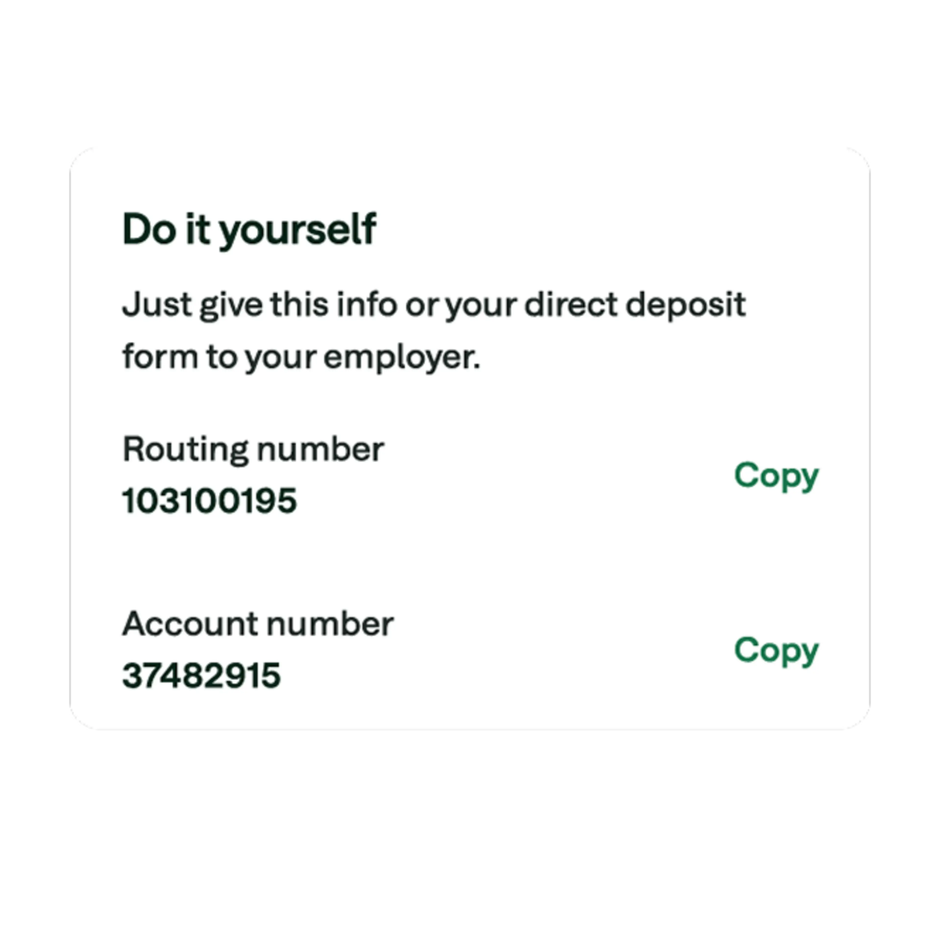 Direct deposit information form showing routing number 103100195 and account number 37482915.