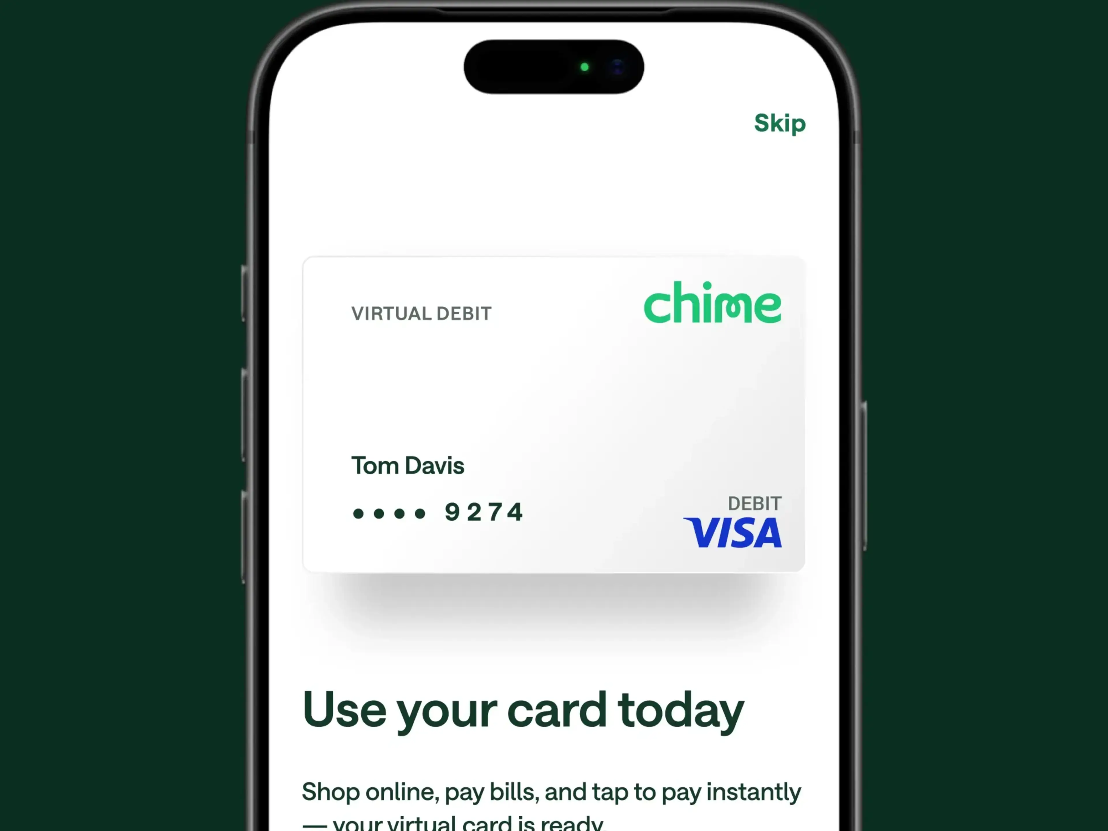 Phone UI showing app interface of debit card available to use today