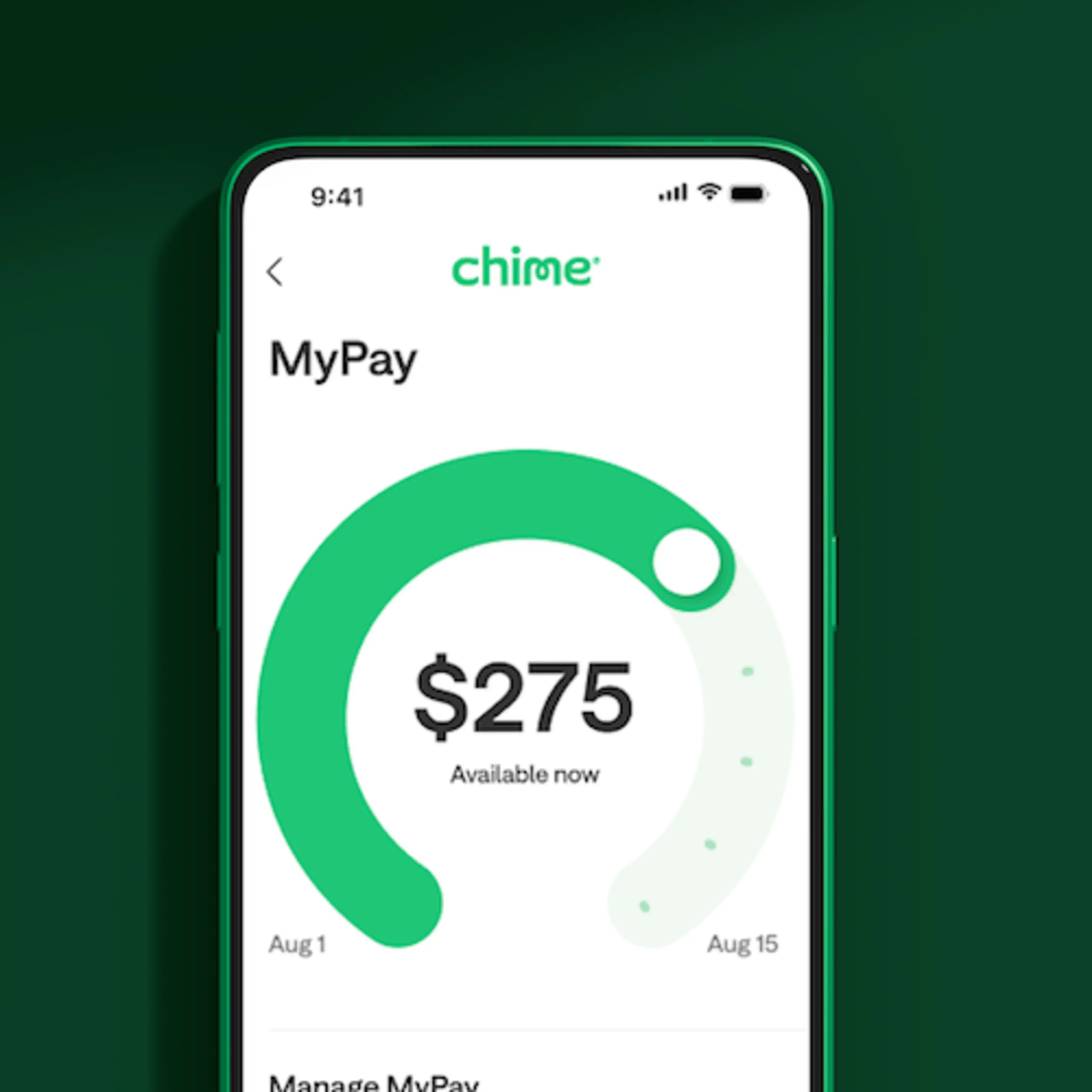 MyPay screen on a mobile device, showing $500 available now.