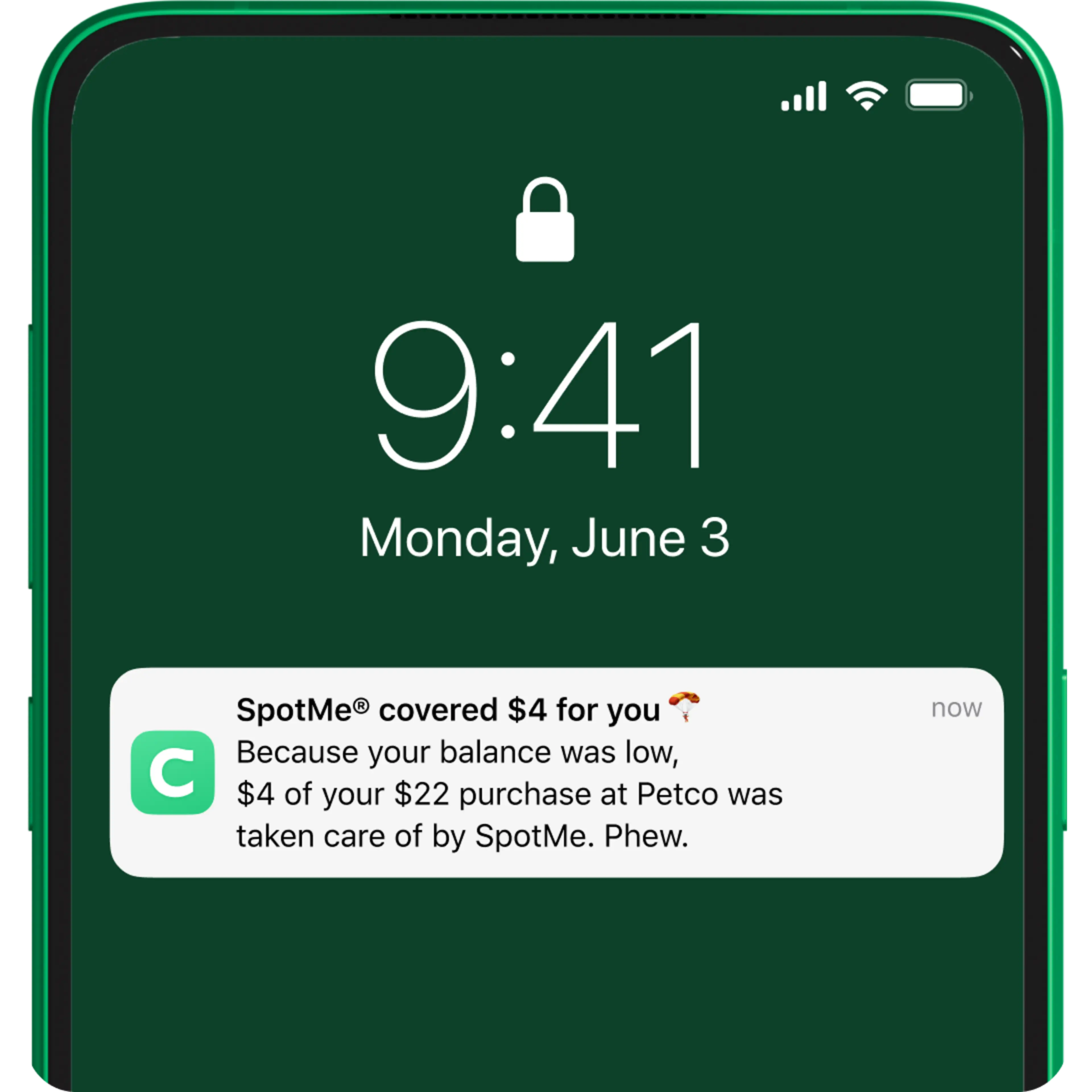 A screenshot of a phone with a Chime SpotMe notification banner.