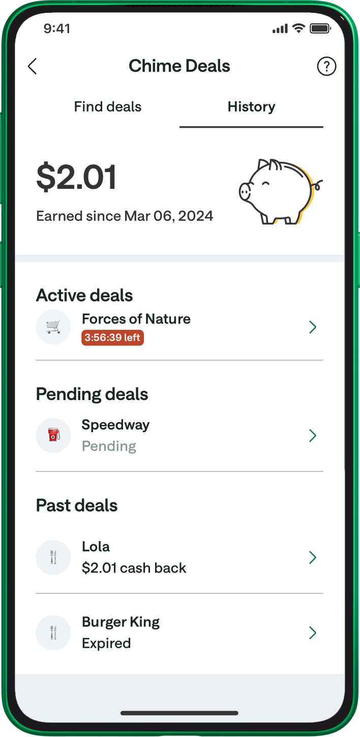 Chime Deals app, history tab